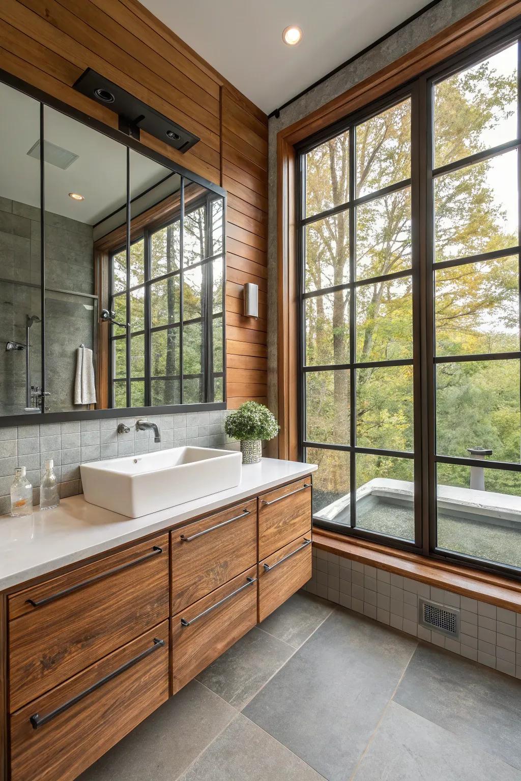 Blended materials contributing textural profundity to the restroom windows.
