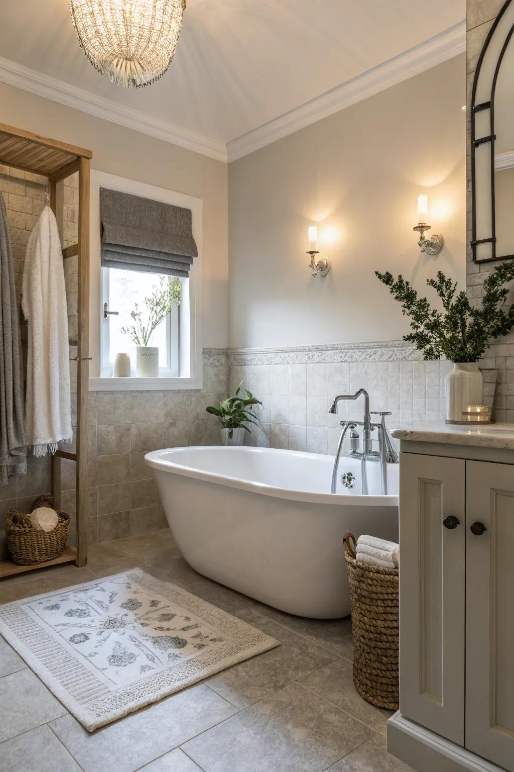 Understated shades shape a peaceful vibe in this bathroom.