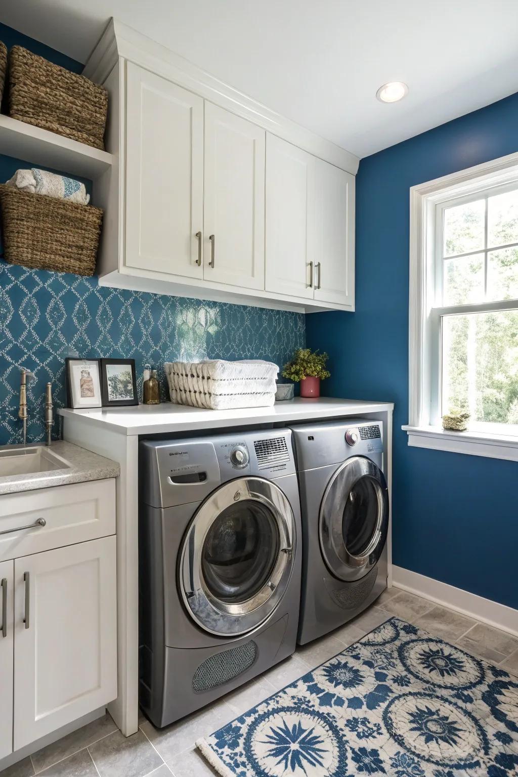 An accent wall adding a splash of color and panache to the laundry area.