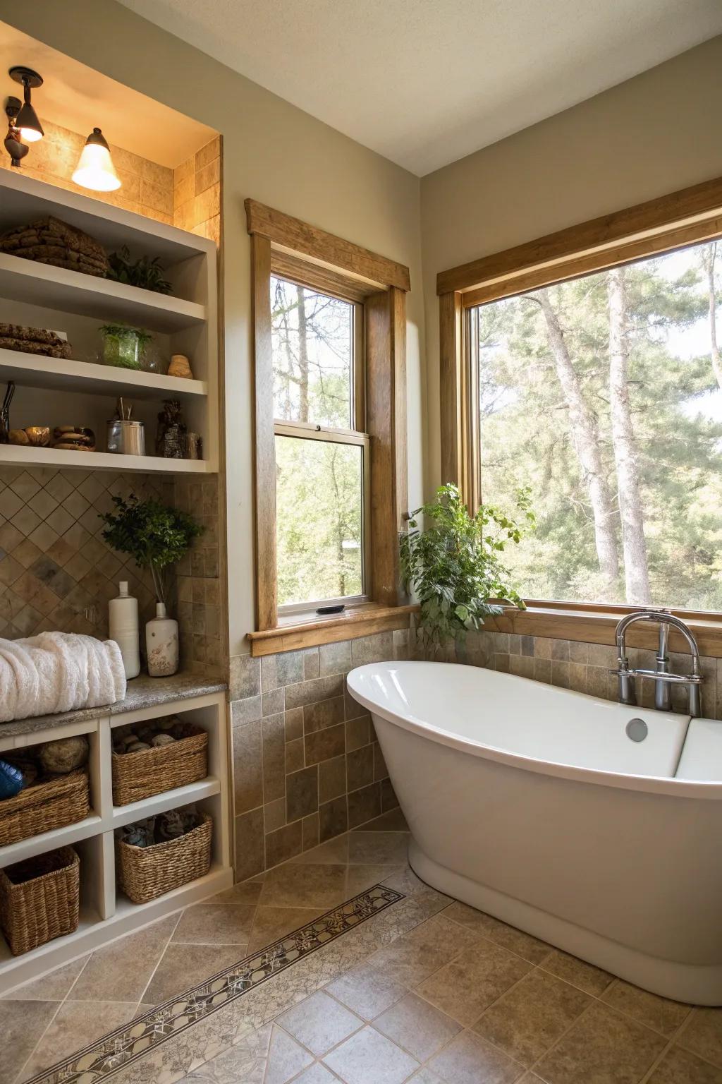 Structured shelves with windows allow light and storage.