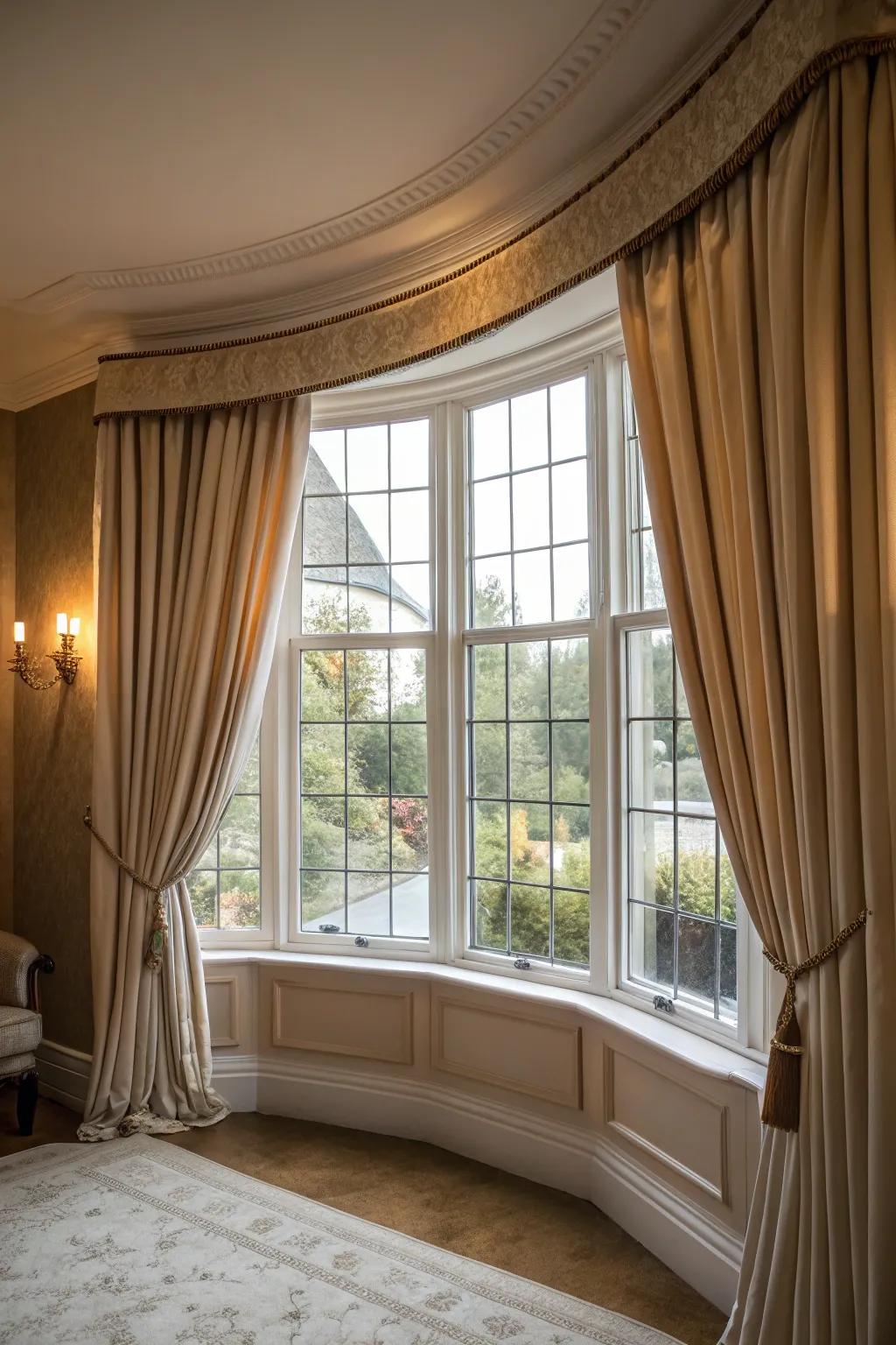 Imaginative hardware emplacement extends a smooth match for bay window curtain arrangements.