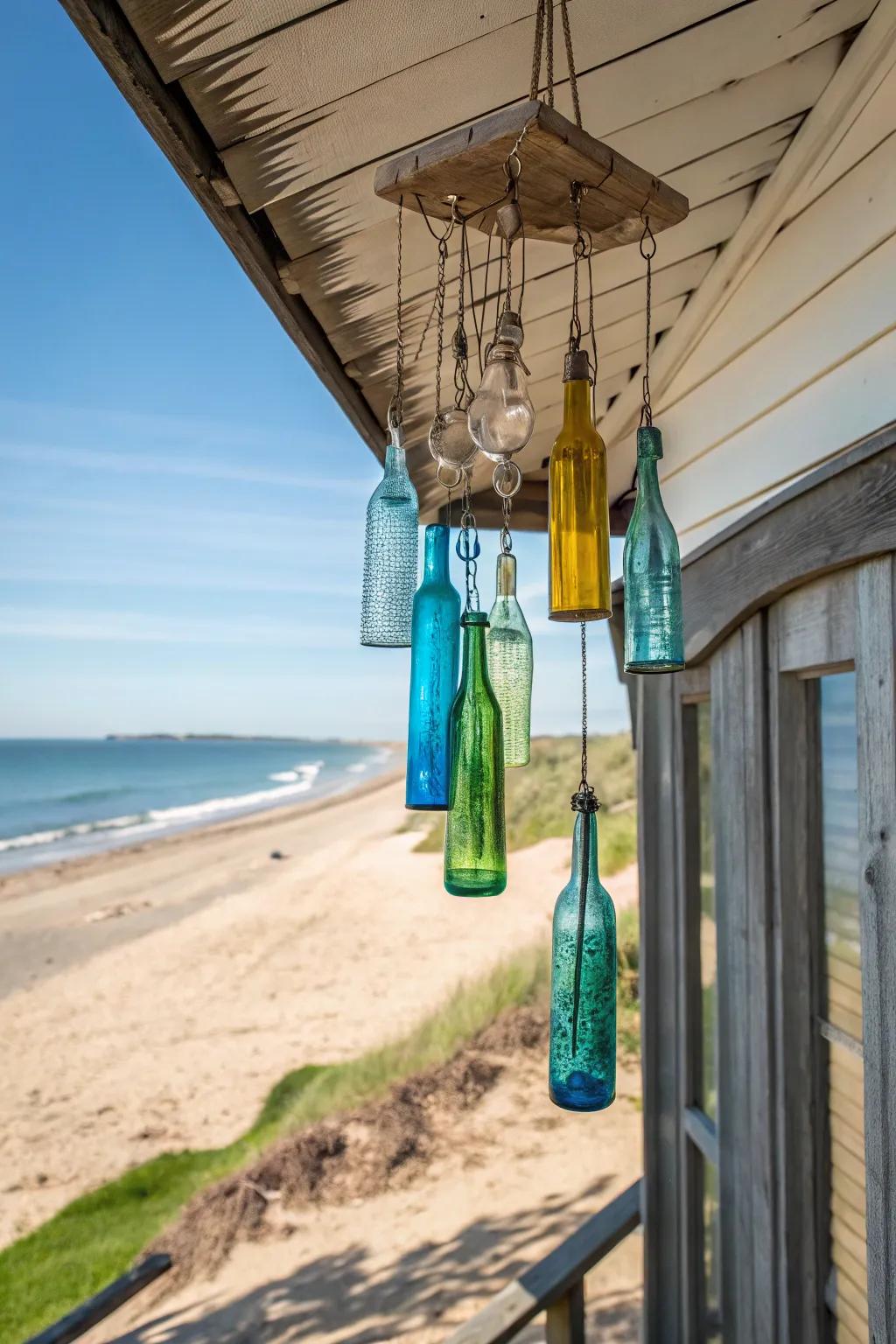 Glass bottle wind chimes impart a musical charm to the beach shed.