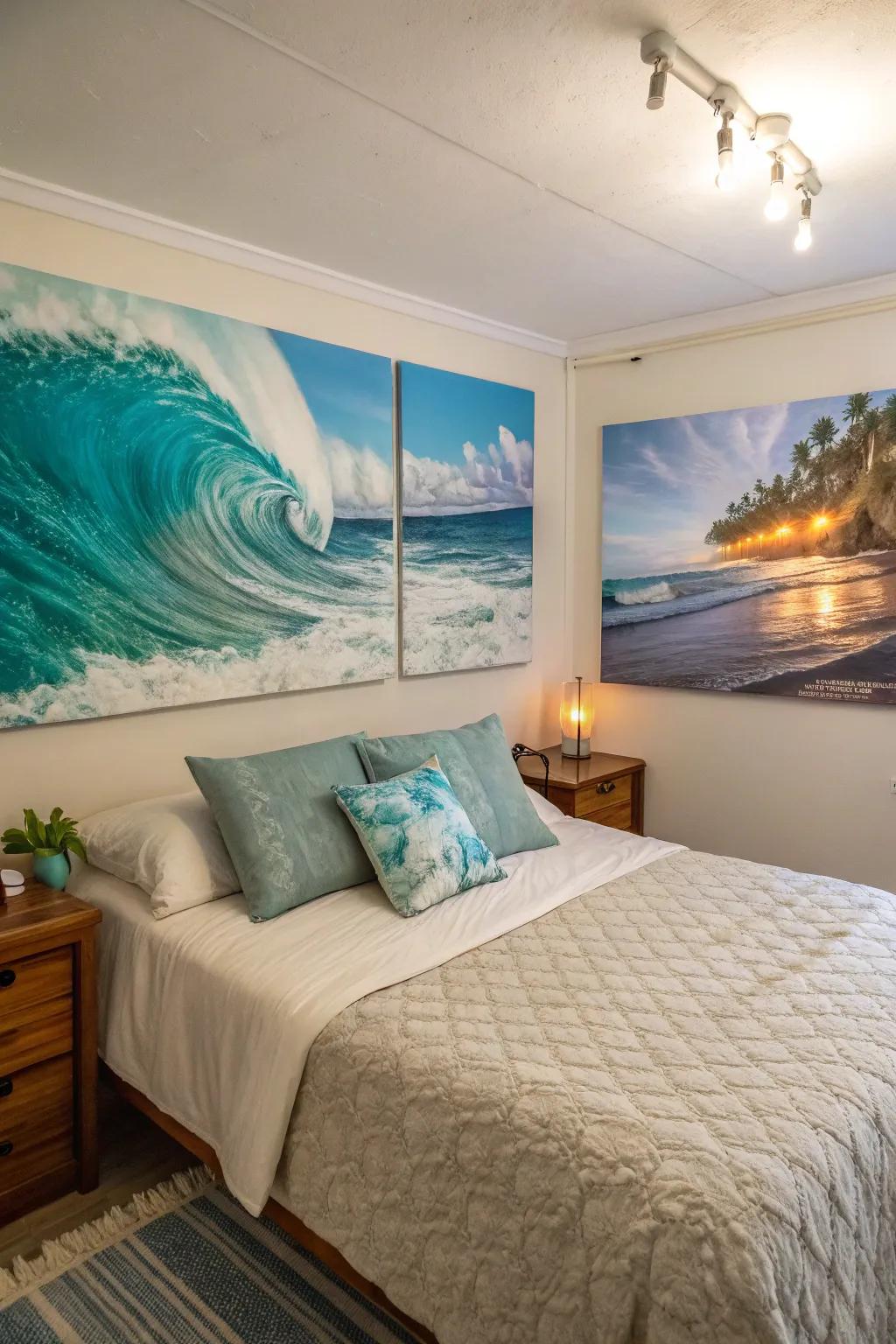 Ocean-inspired artwork transforms walls into windows with sea views.