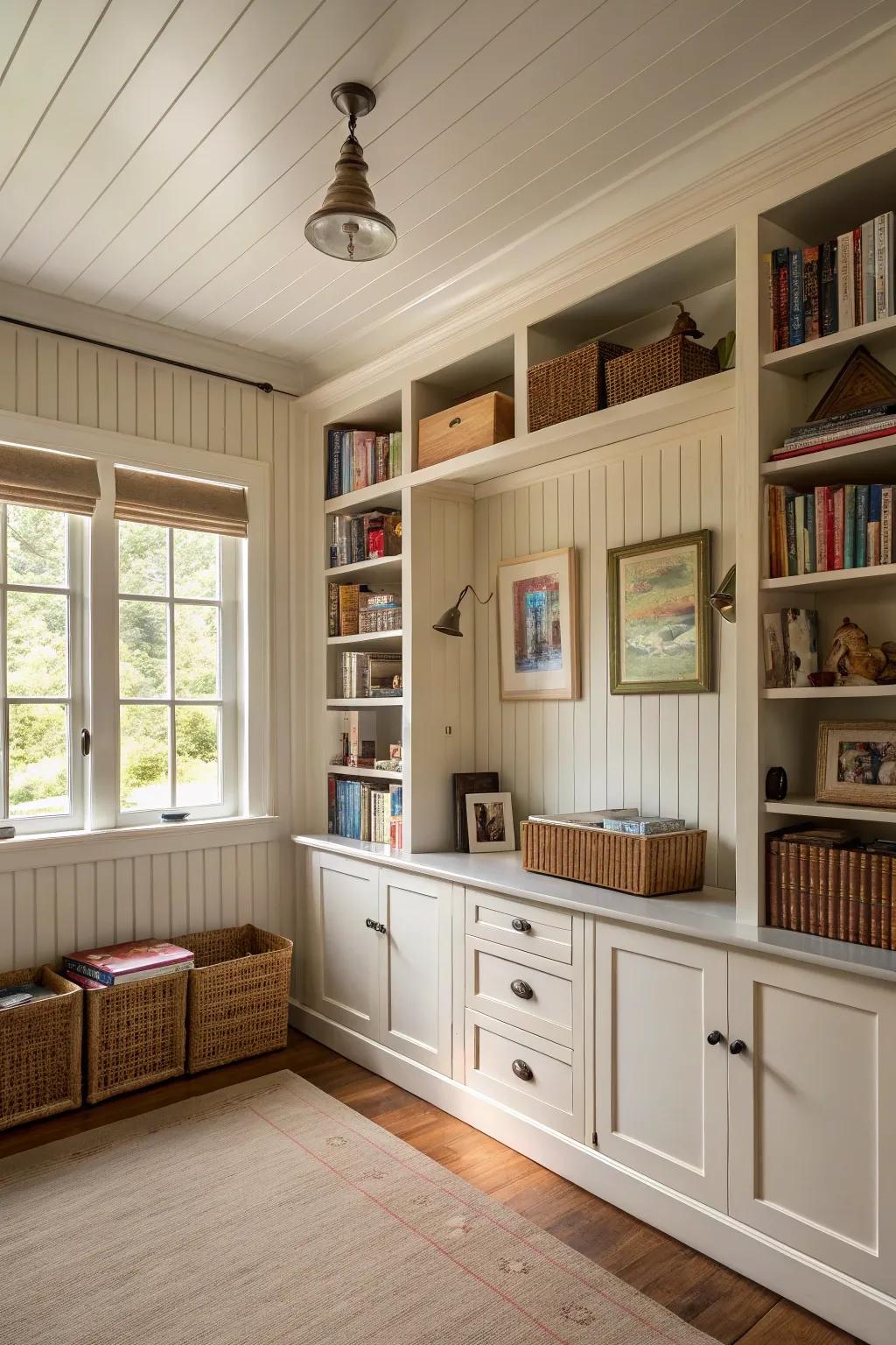 Wall panel with storage options provides style and function.