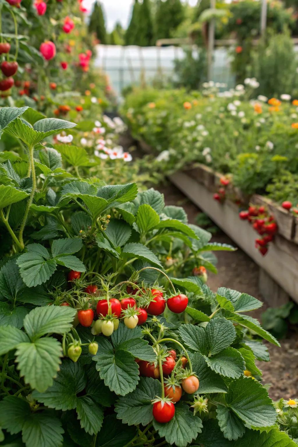A lush garden showcases the beauty and functionality of growing strawberries and cherry tomatoes.