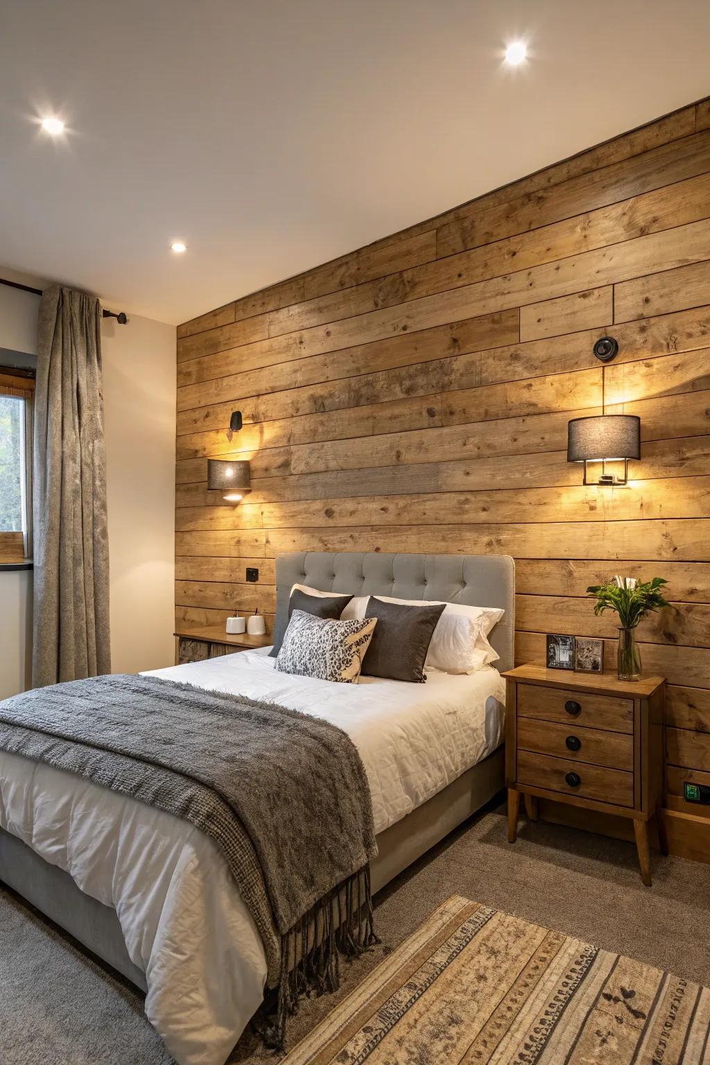 Timber paneling adds warmth and texture to this bedroom's highlight wall.
