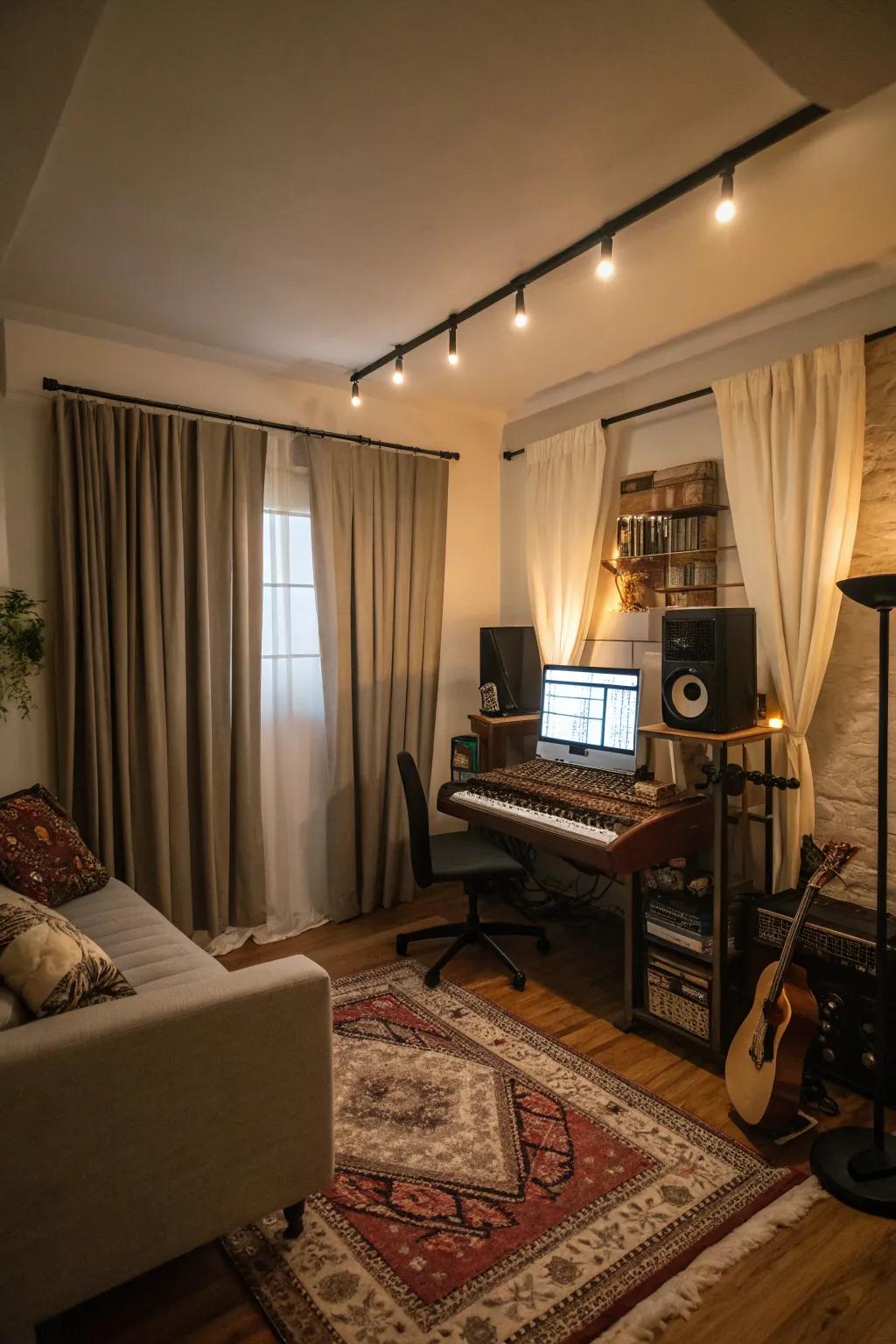 Soundproof curtains help maintain a quiet and focused ambiance in your music studio.