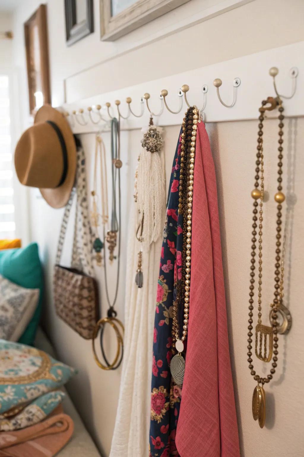 Keep your accessories displayed and organized with wall hooks.