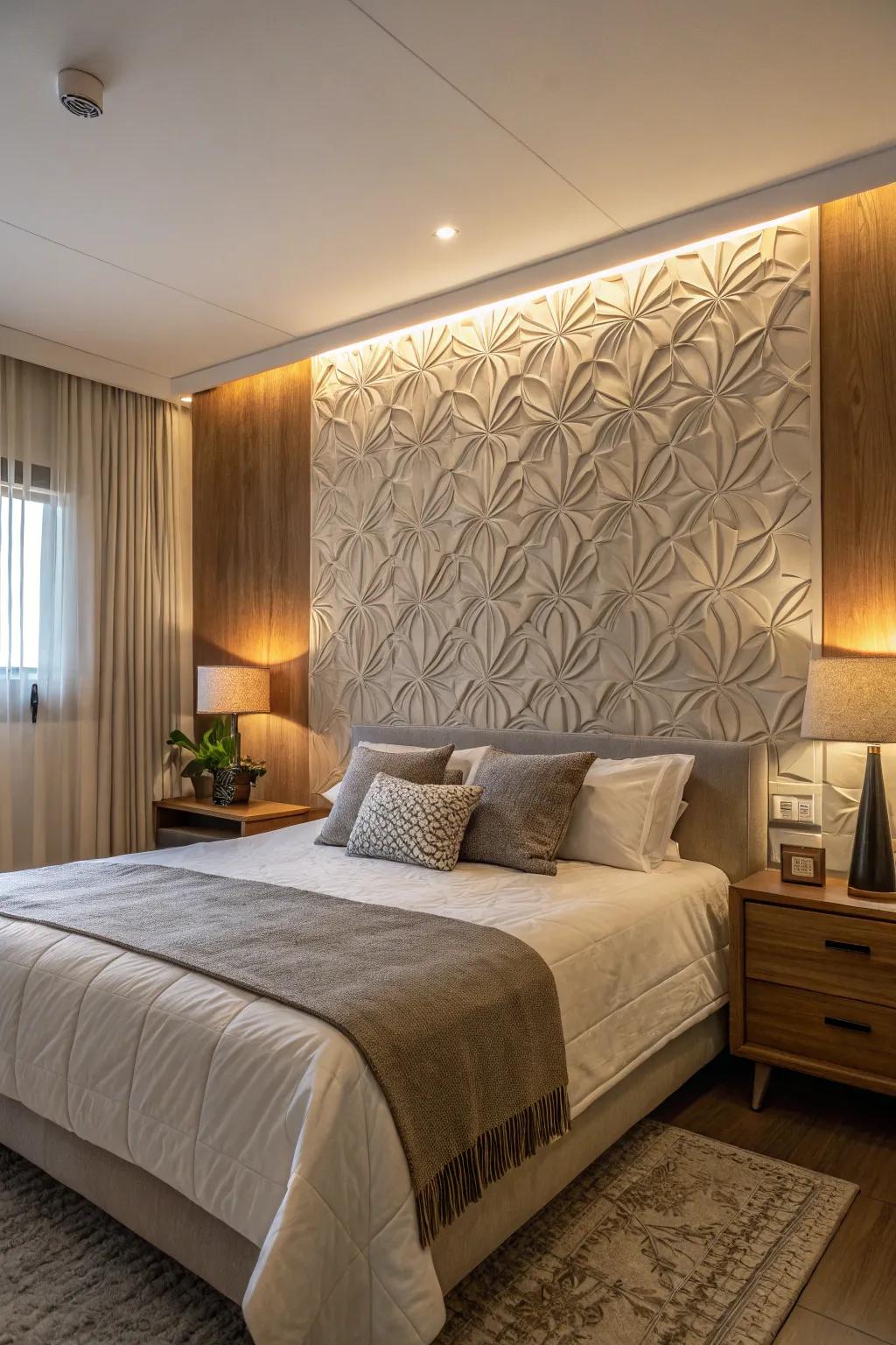 A bedroom featuring an attention-grabbing textured wall.