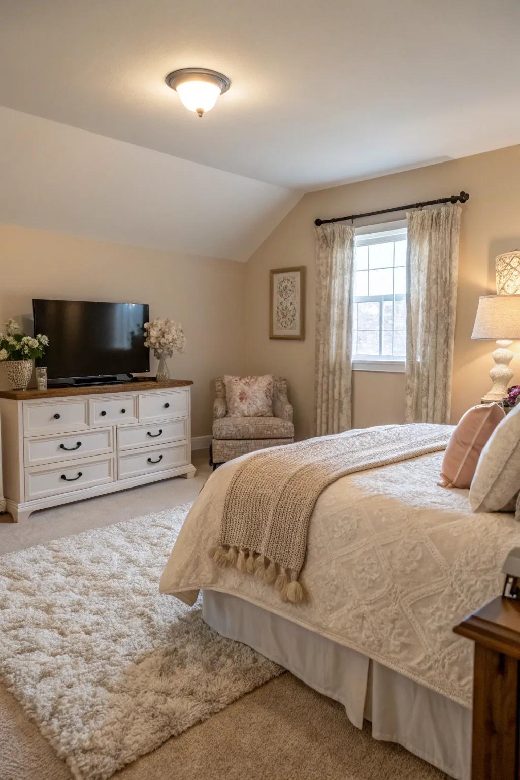 A neutral color scheme presents a tranquil backdrop for your TV sitting space.
