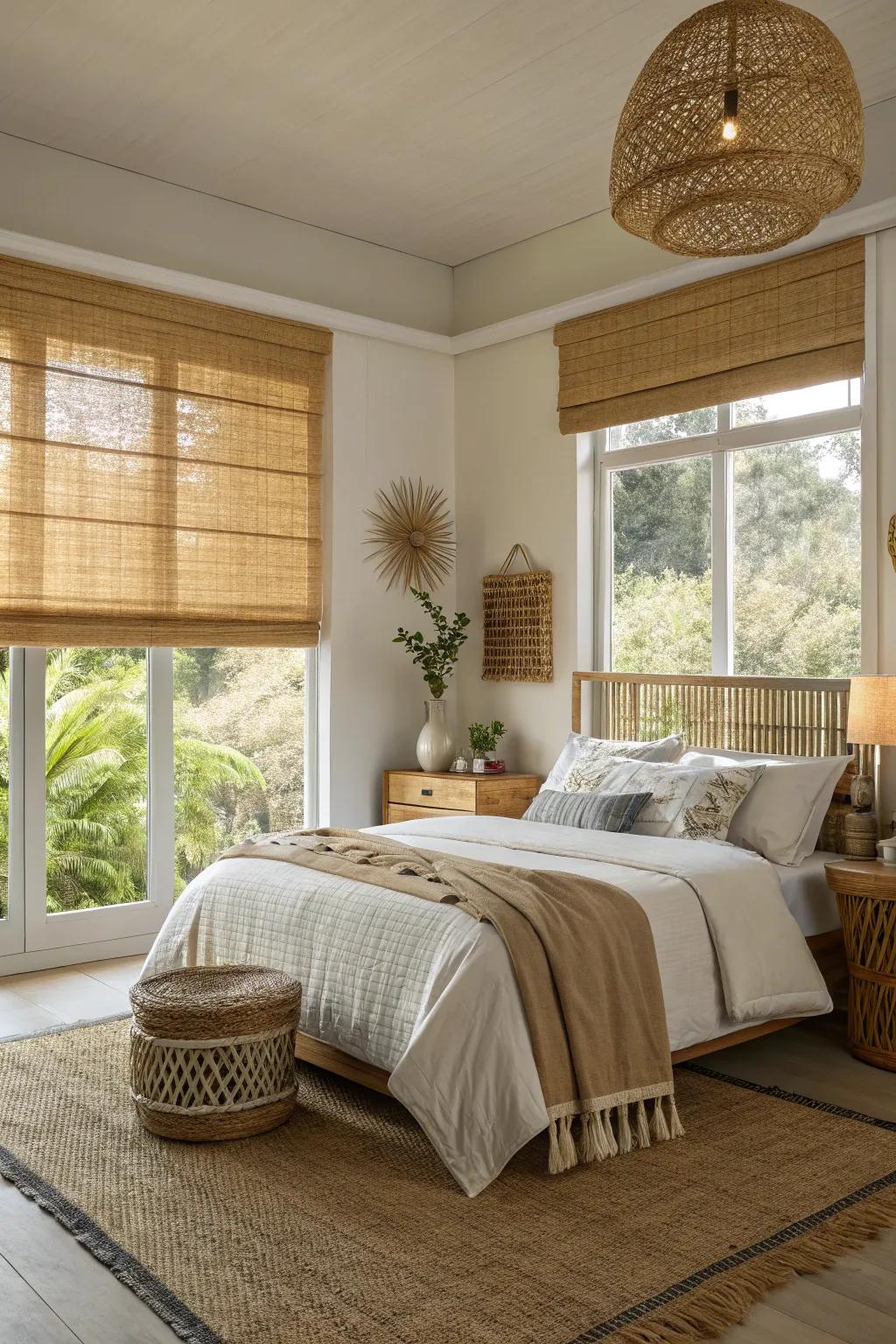 Bamboo shades add a warm, natural touch to bedroom décor.
