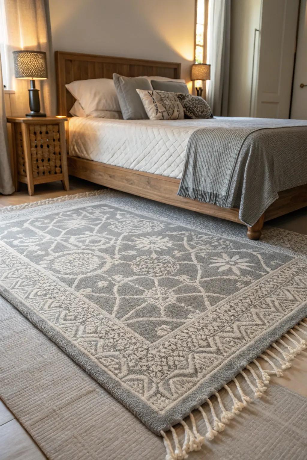 A grey rug anchoring the space with structure.