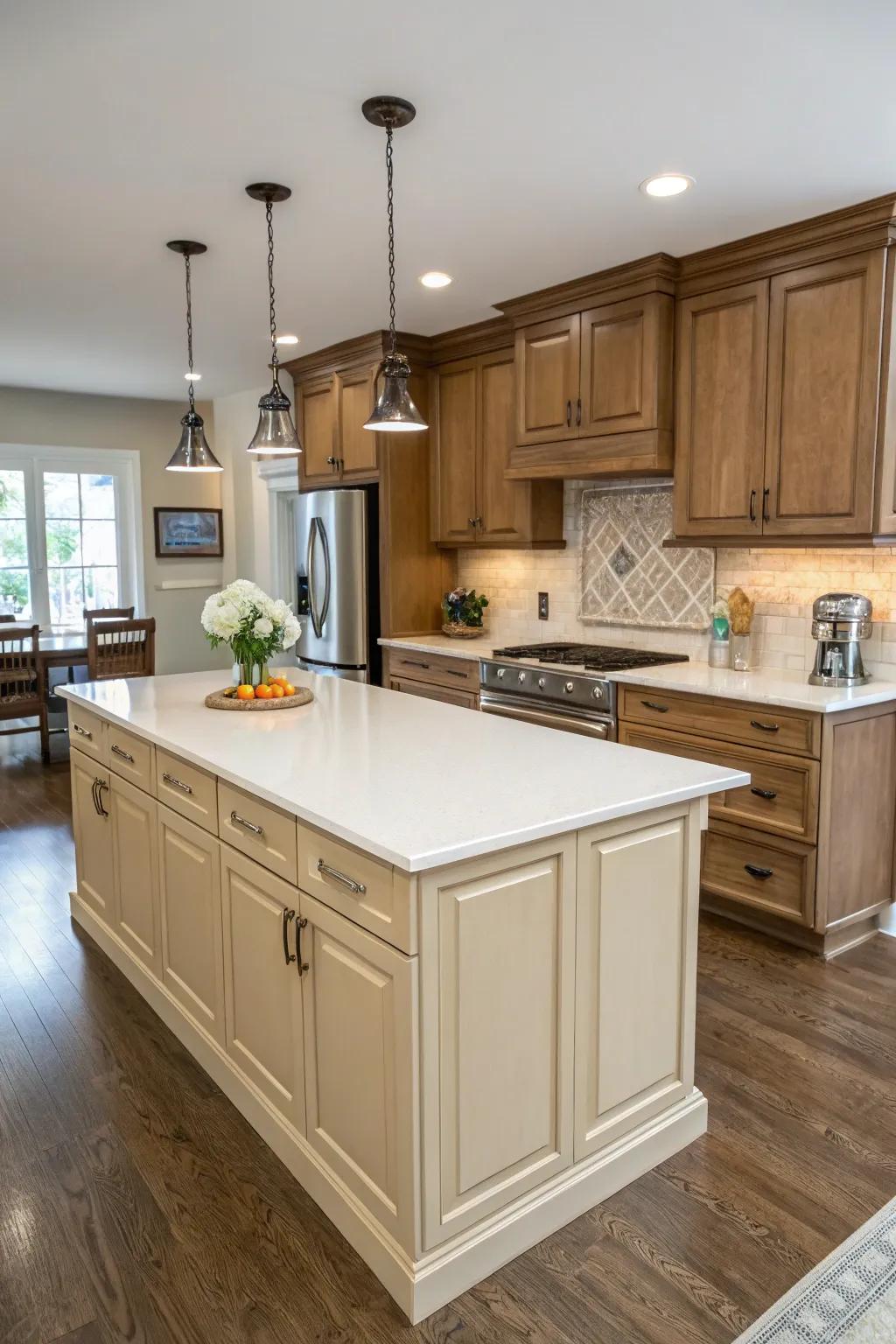 A linen central island transforms into a striking centerpiece in the kitchen.