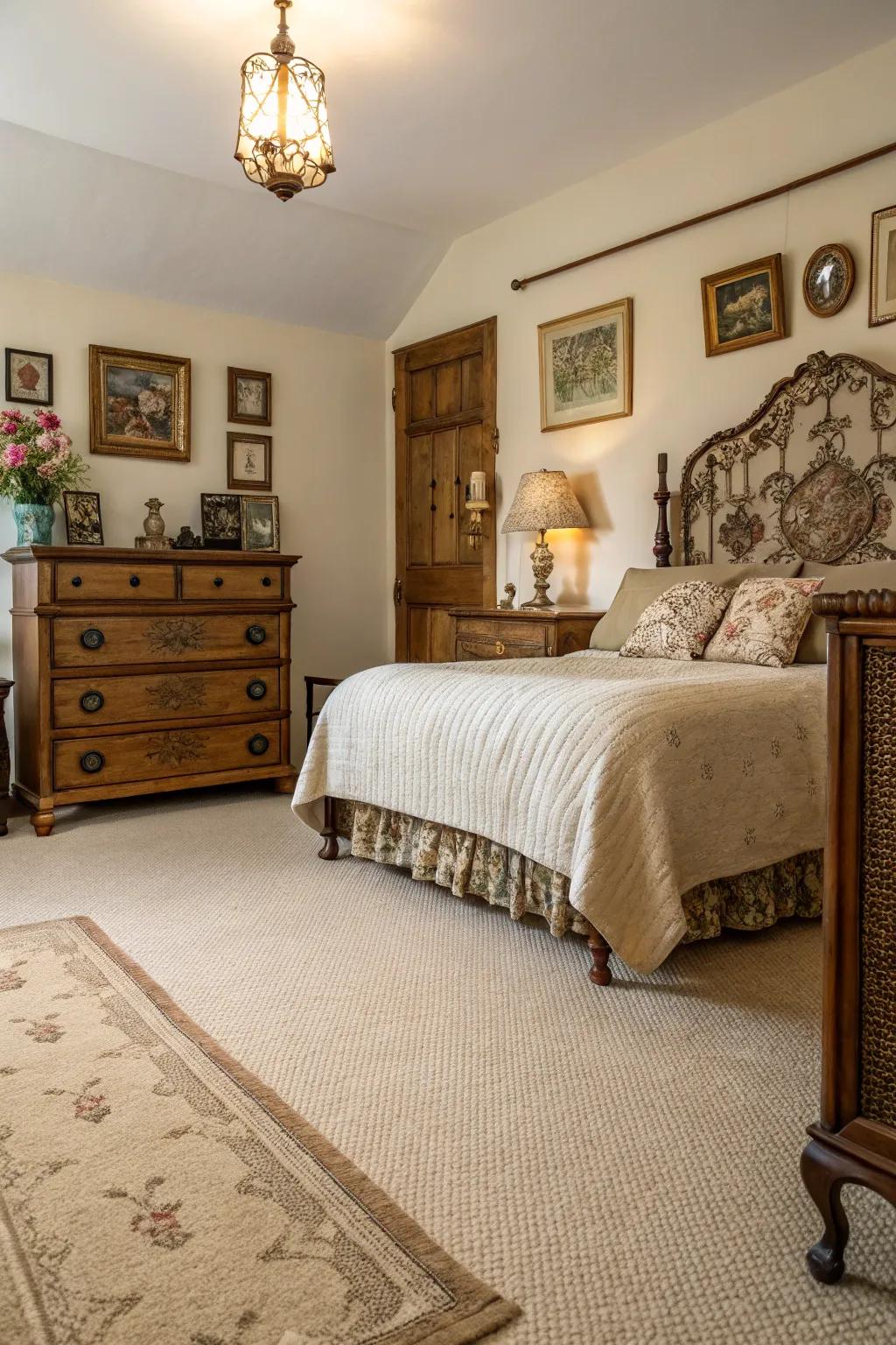 Classic allure meets contemporary comfort in this bedroom featuring a beige carpet.