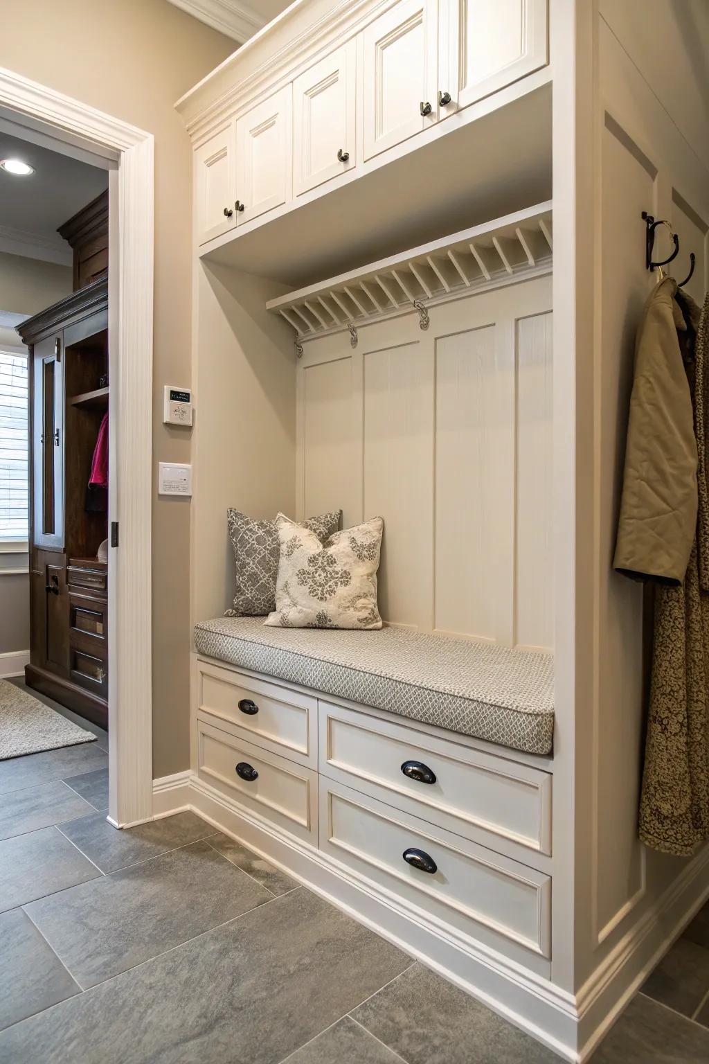 A bench with storage drawers beneath the cushion maximizes space effectively.