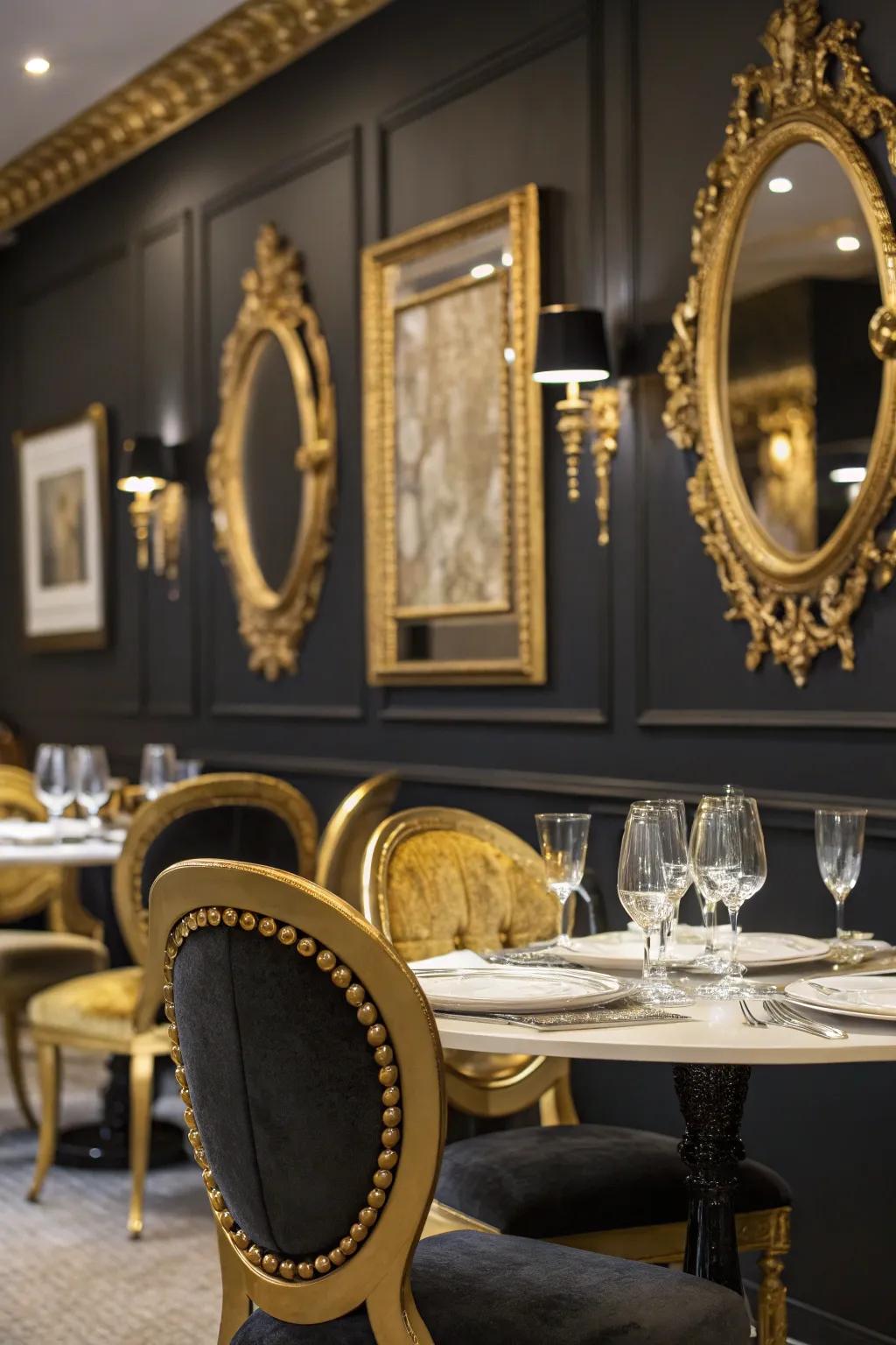 Ebony walls create a striking and stylish dining environment.