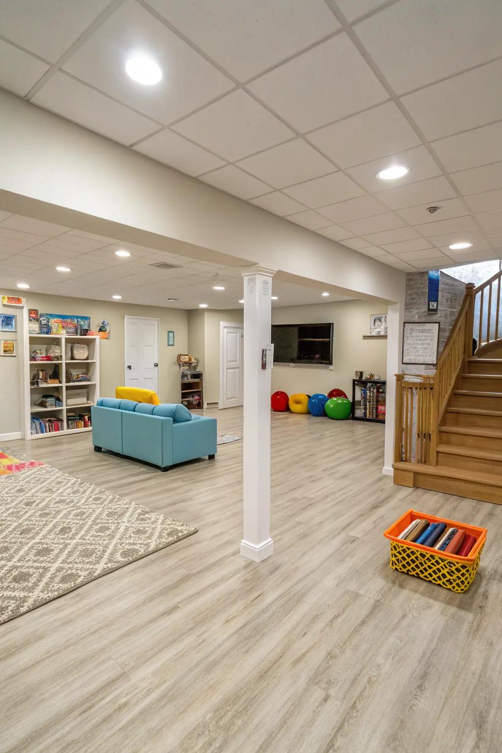 Pale vinyl flooring can brighten any basement space.