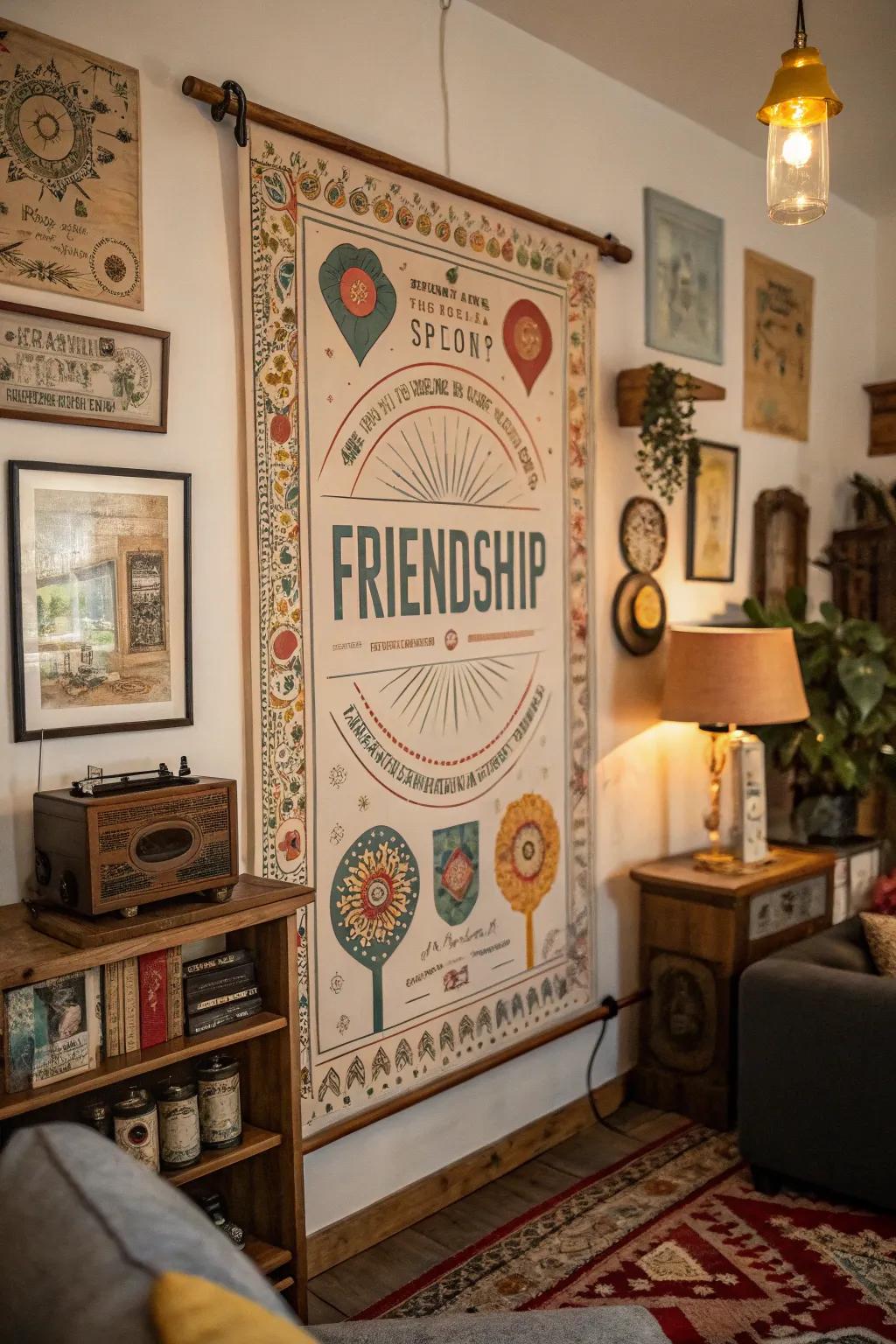 A retro-themed poster blending vintage vibes with modern friendship elements.