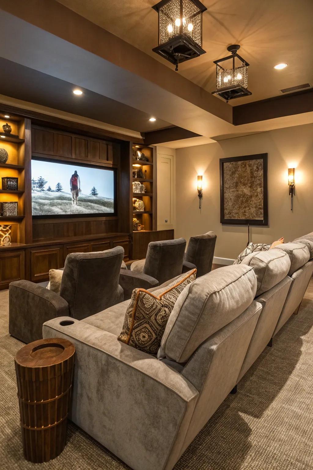 Lounge chairs add personal style and comfort to this home cinema setting.