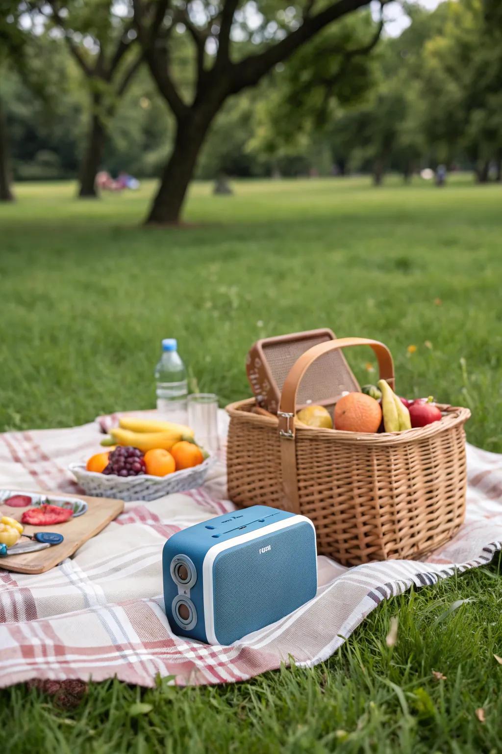 Compact portable speakers are ideal for picnics and outdoor fun.