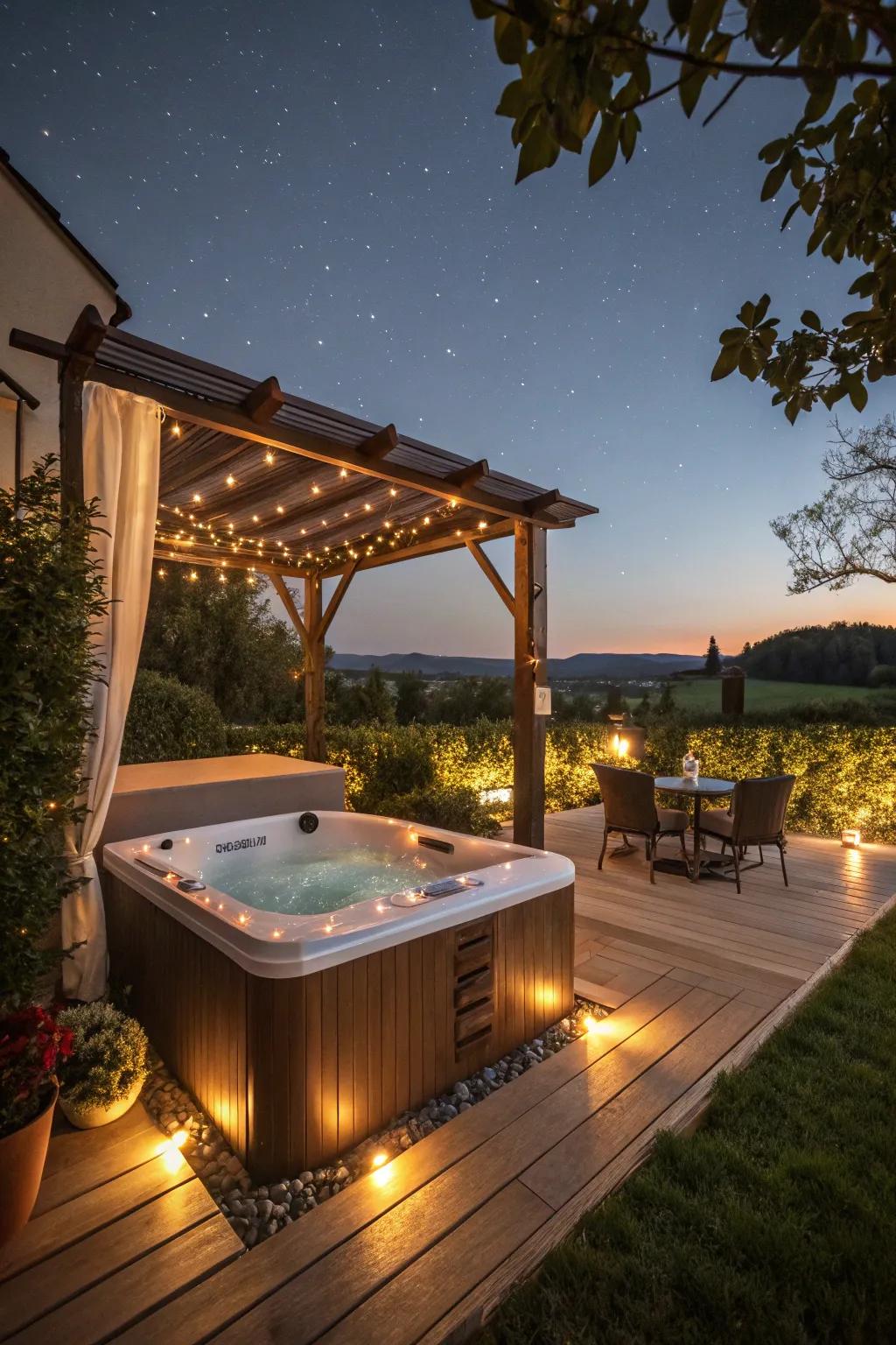 A hot tub offers warmth and relaxation on chilly evenings.