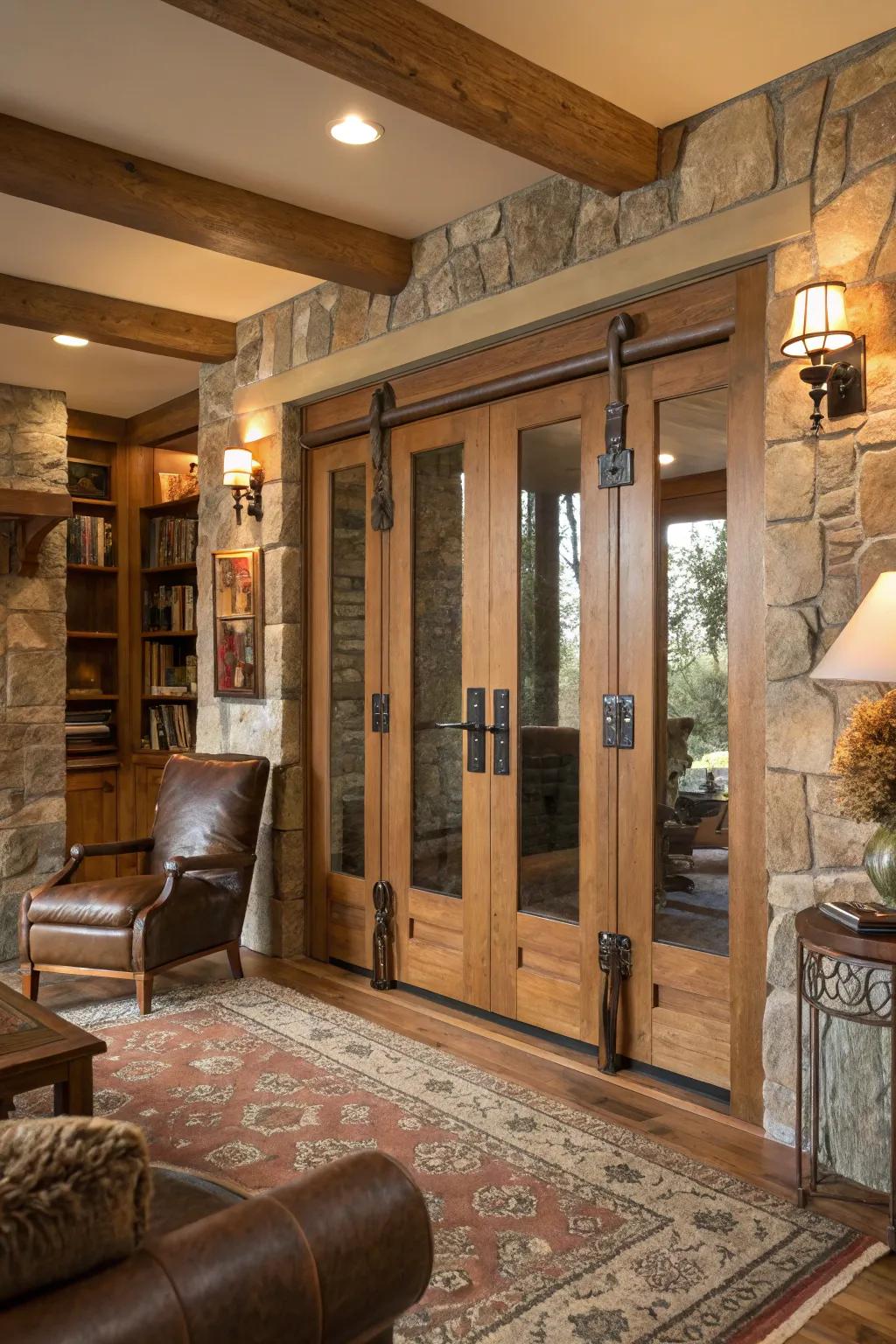 Leather band pulls offer a unique, tactile experience to folding doors.