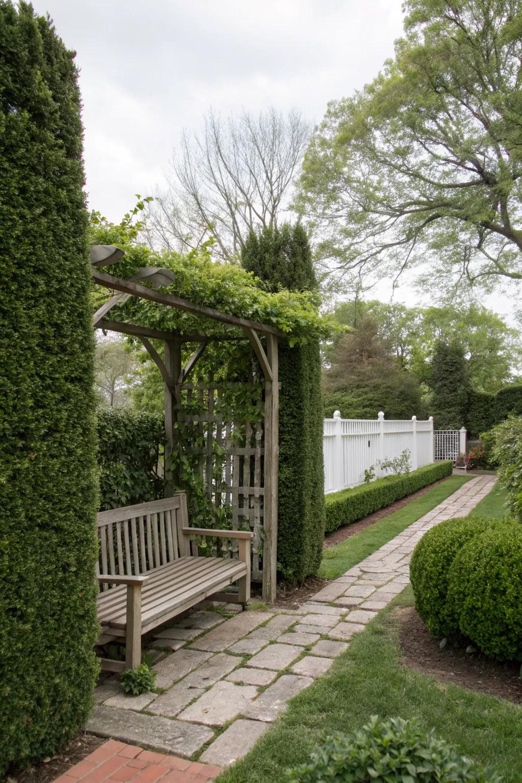 Privacy features such as hedges and pergolas create a secluded backyard retreat.