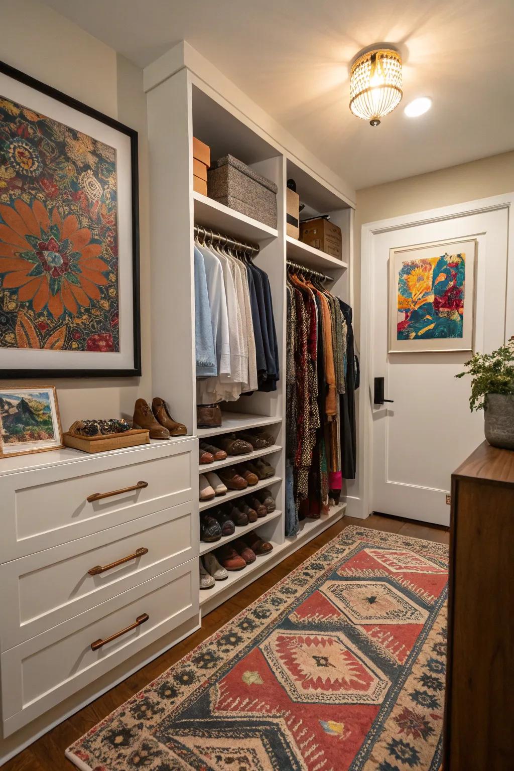 A closet enhanced with ornamental elements such as artwork and a patterned floor covering.