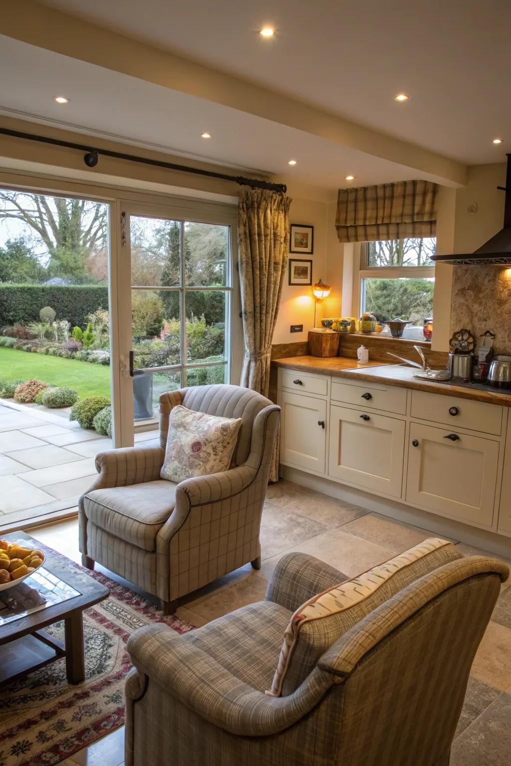A cozy seating spot transforms the kitchen into an inviting area.