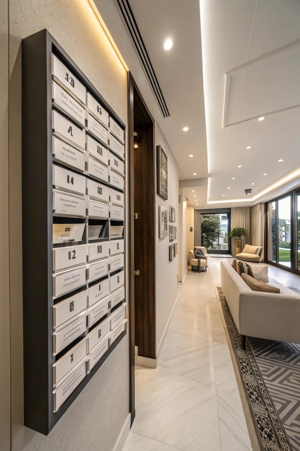 Elegantly manage mail and invoices using a wall-mounted rack.