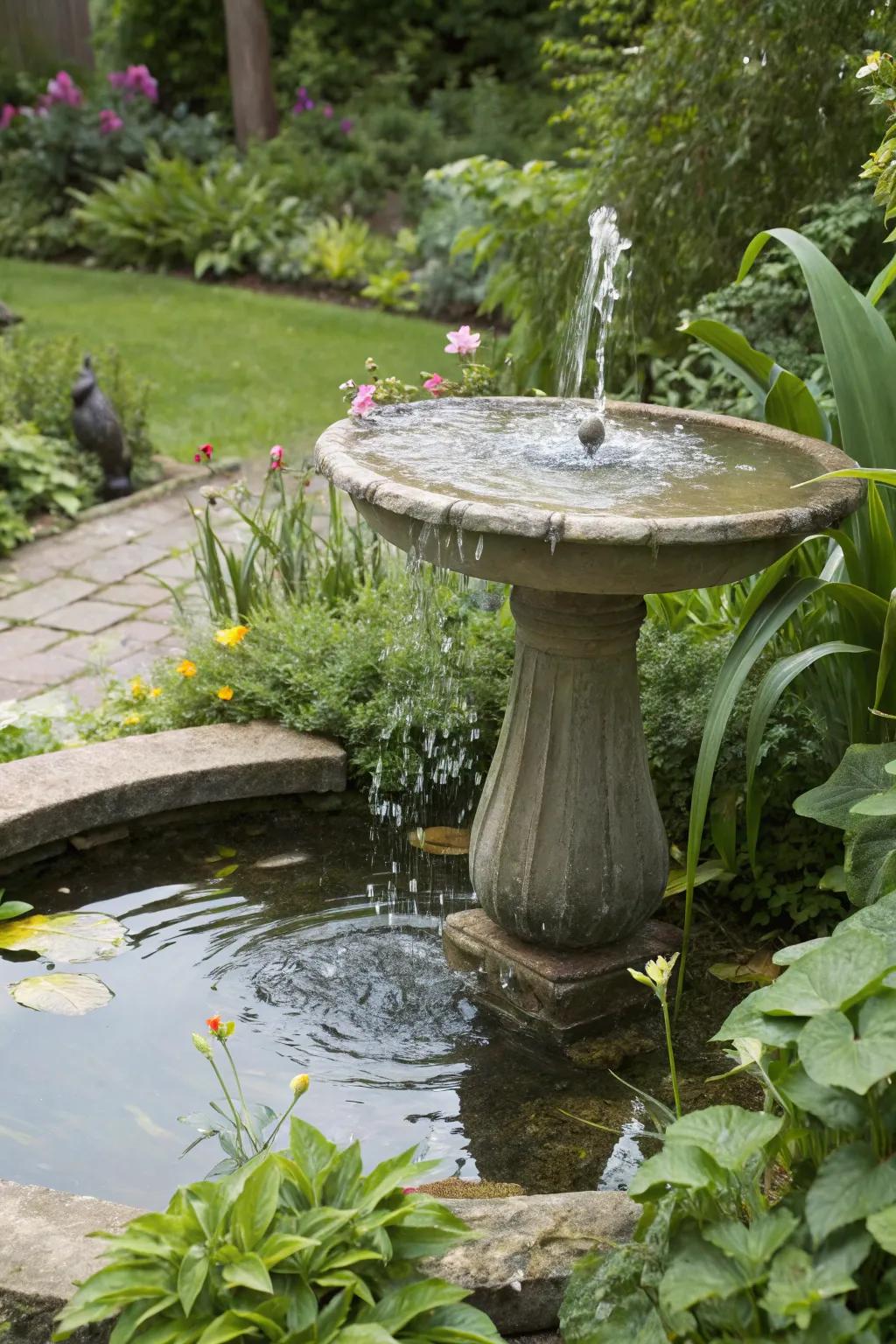 A bird bath augmented with a delicate hydration attribute.