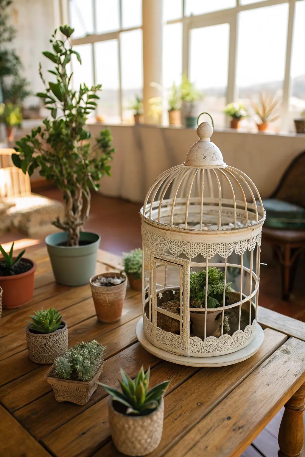 A bird cage reformed into a mini garden centerpiece.