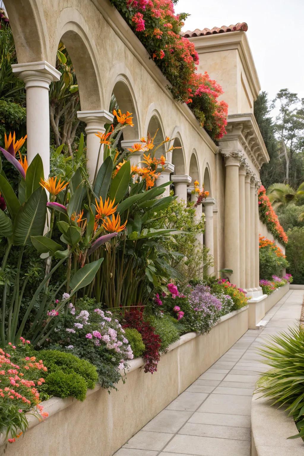 Bird of Paradise enhances garden structures with color and charm.