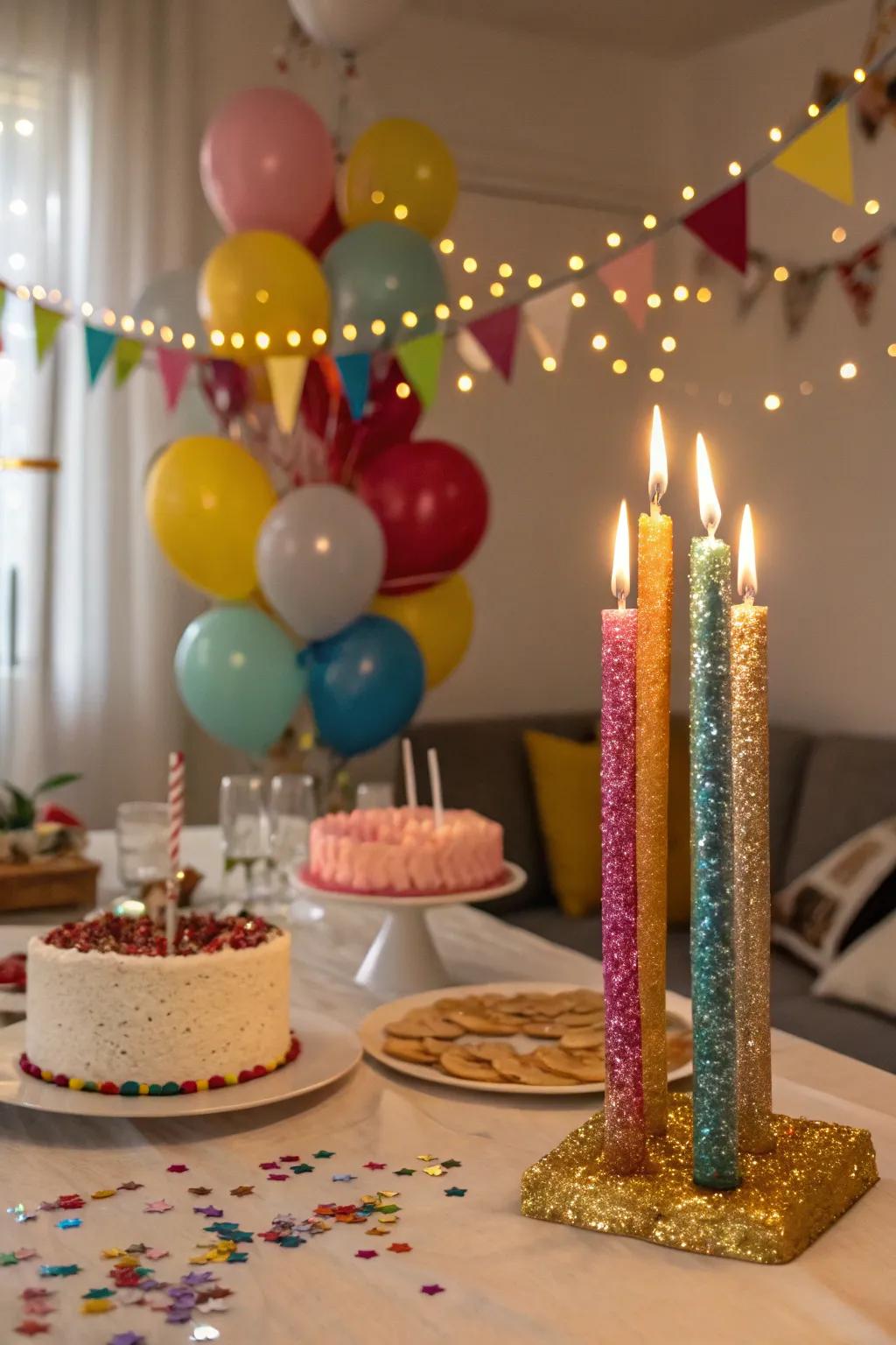 Glittering candles add a magical touch to any birthday table.