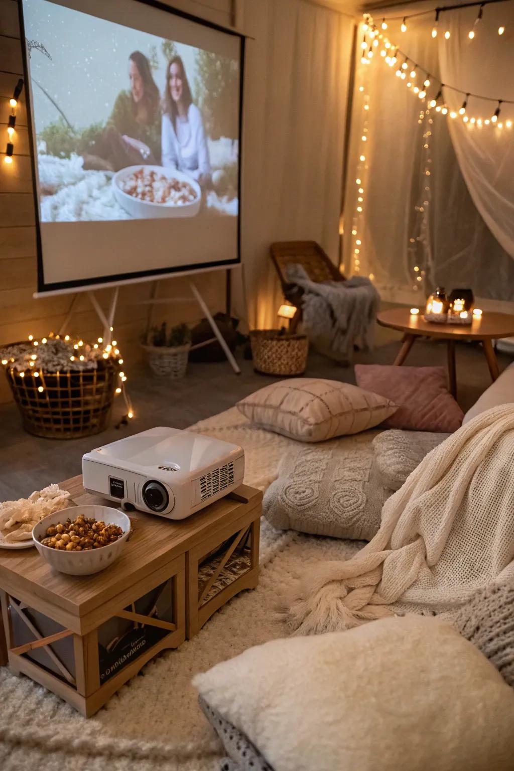 Appreciate an evening filled with films and relaxation, enhanced by a home cinema atmosphere.