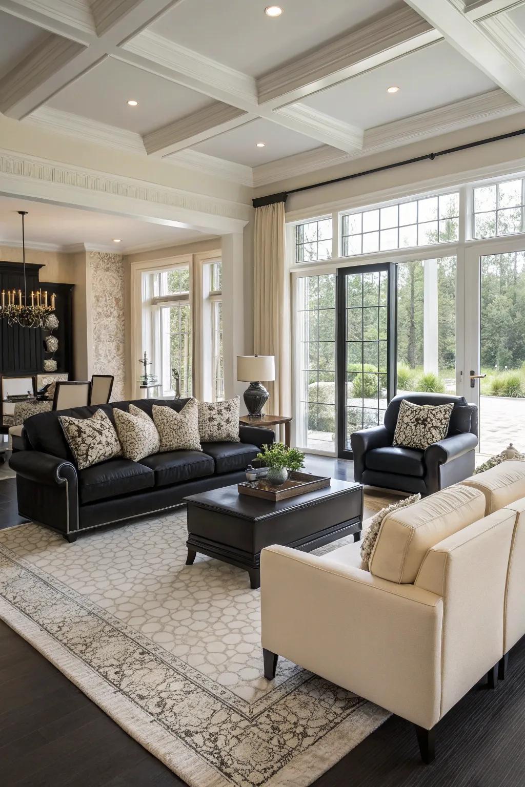 An expansive arrangement elevates the luxurious sensation of an ebony and ivory living area.