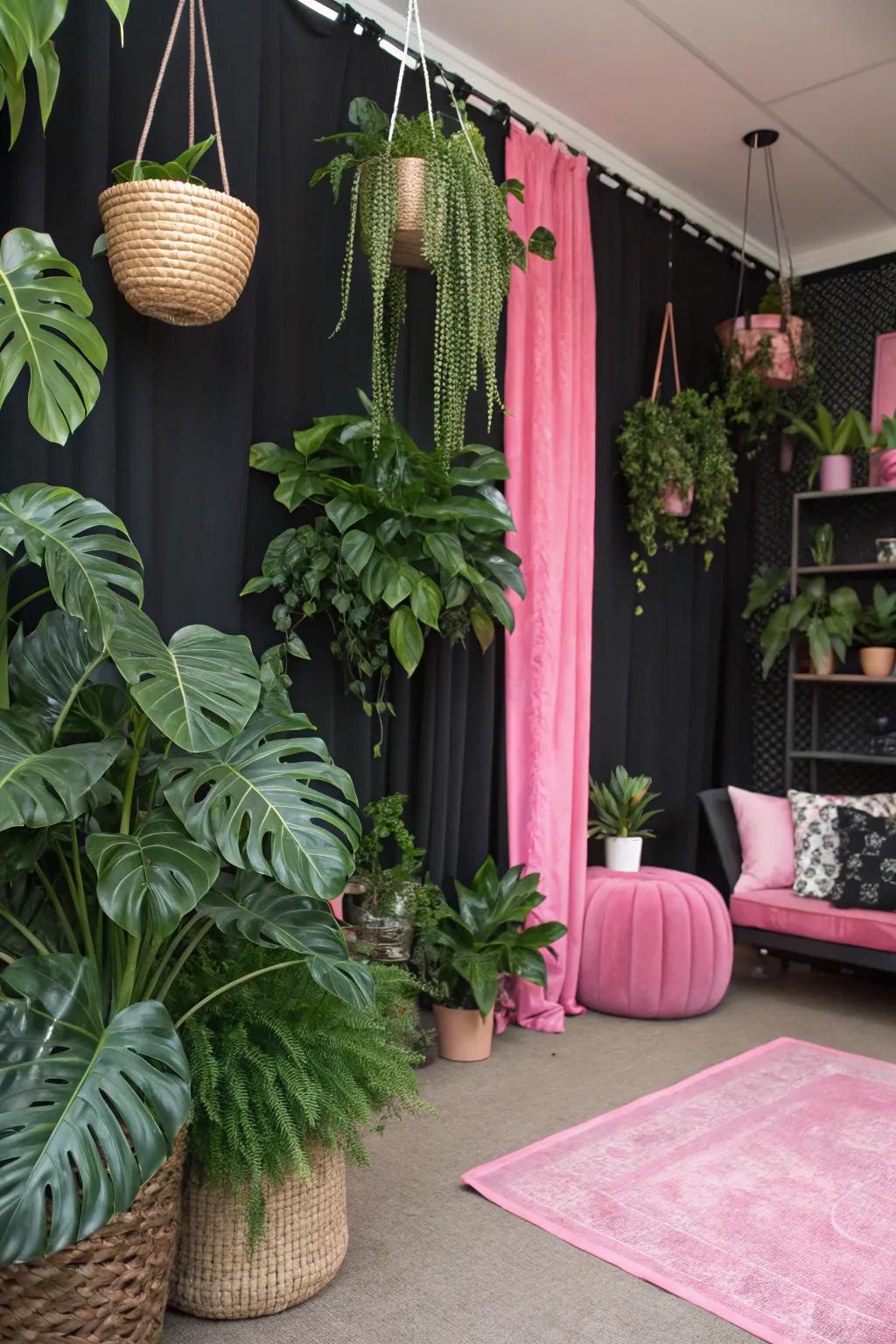 Greenery creates a refreshing contrast with the pink and black theme.