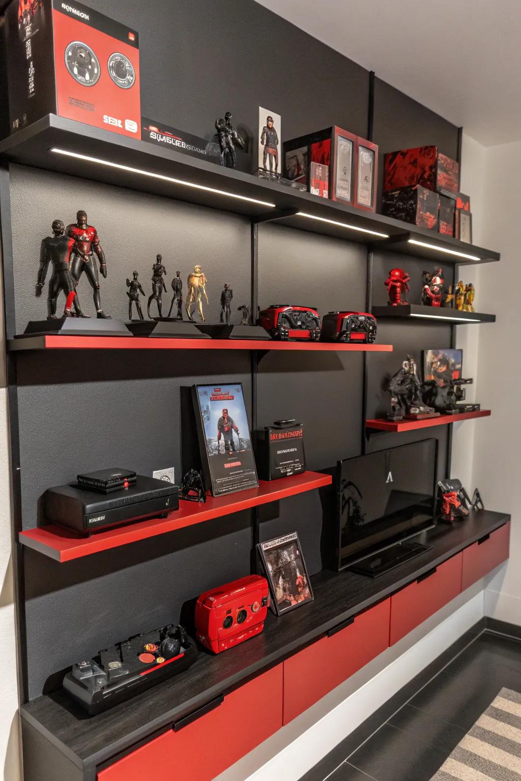 Levitating shelves in black and scarlet are flawless for displaying gaming collectibles.