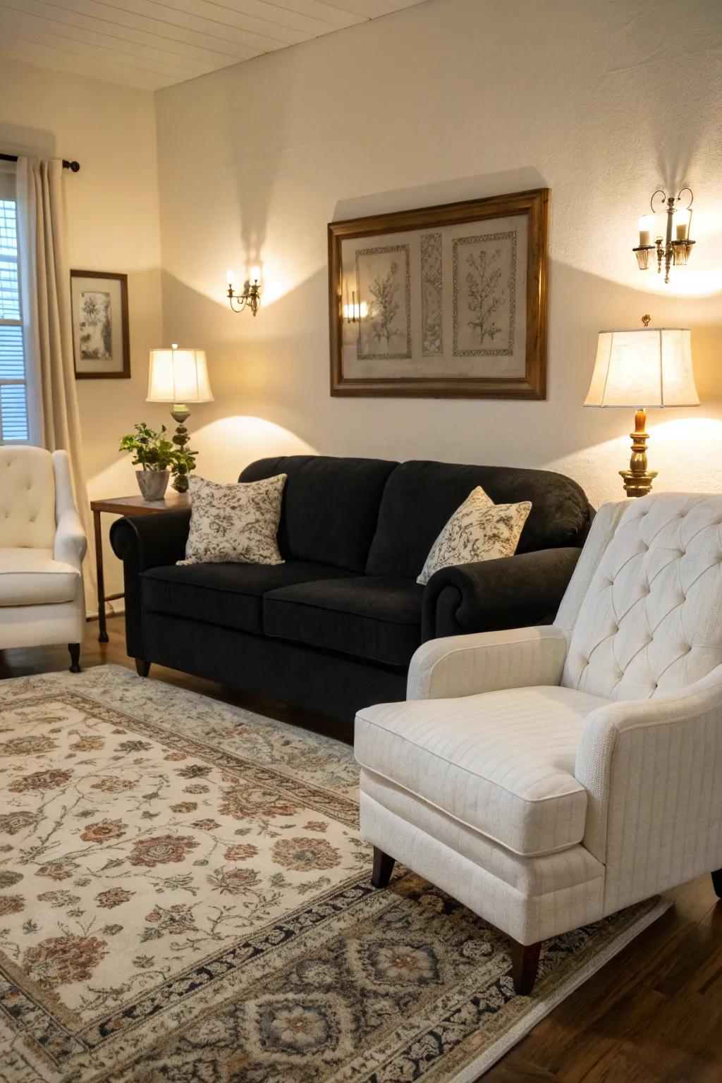 A sitting room displaying divergent furnishings with a dark sofa and pale seats.