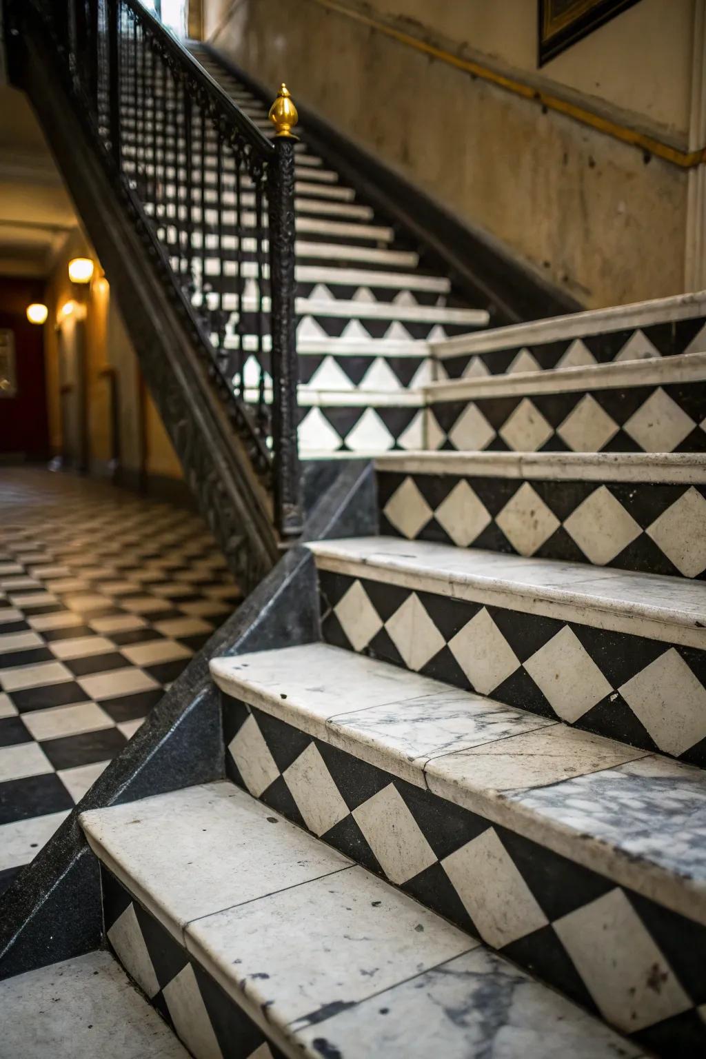 A draftboard pattern on stairs offers a lively and elegant touch.