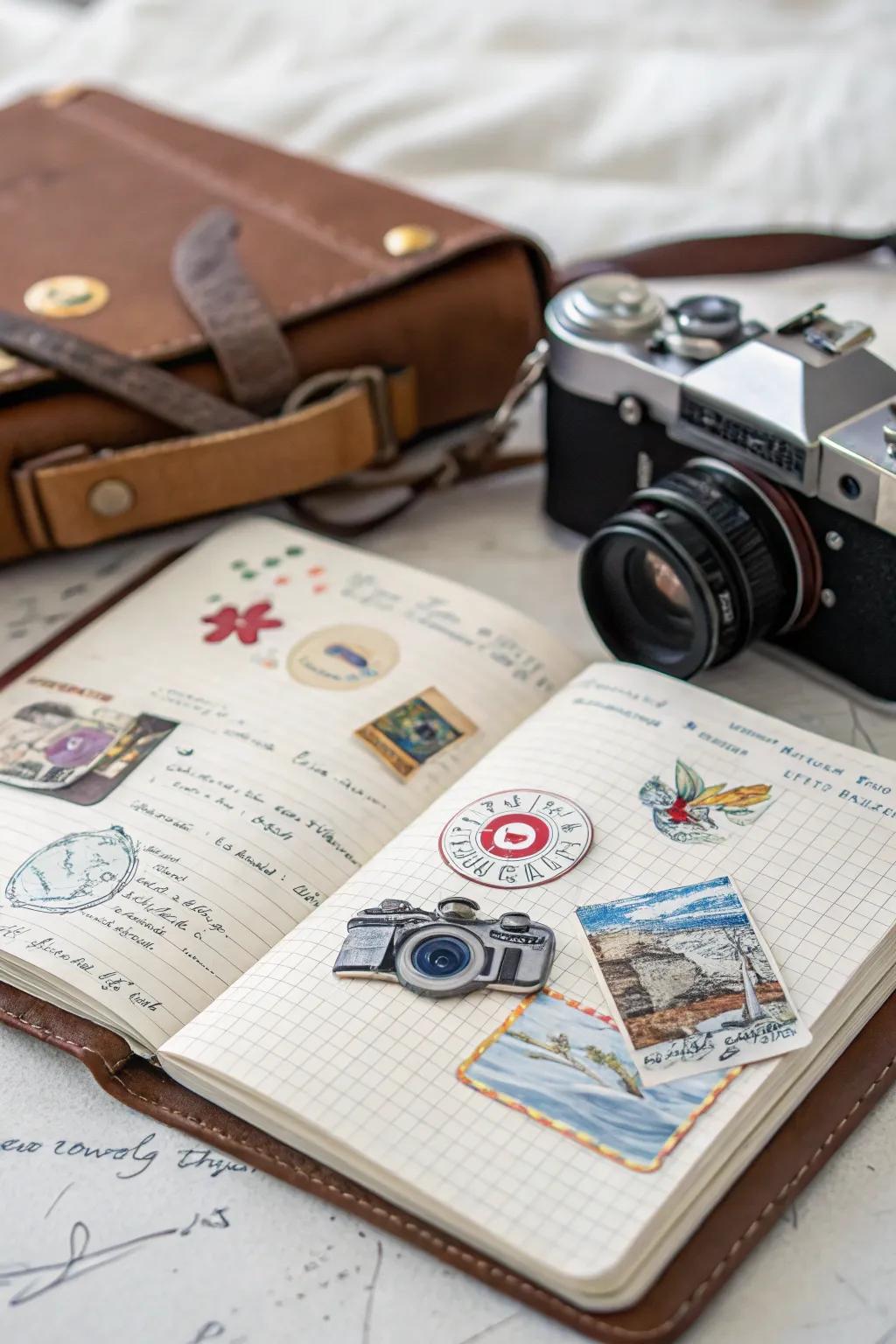 Camera decals complementing a travel-themed log.