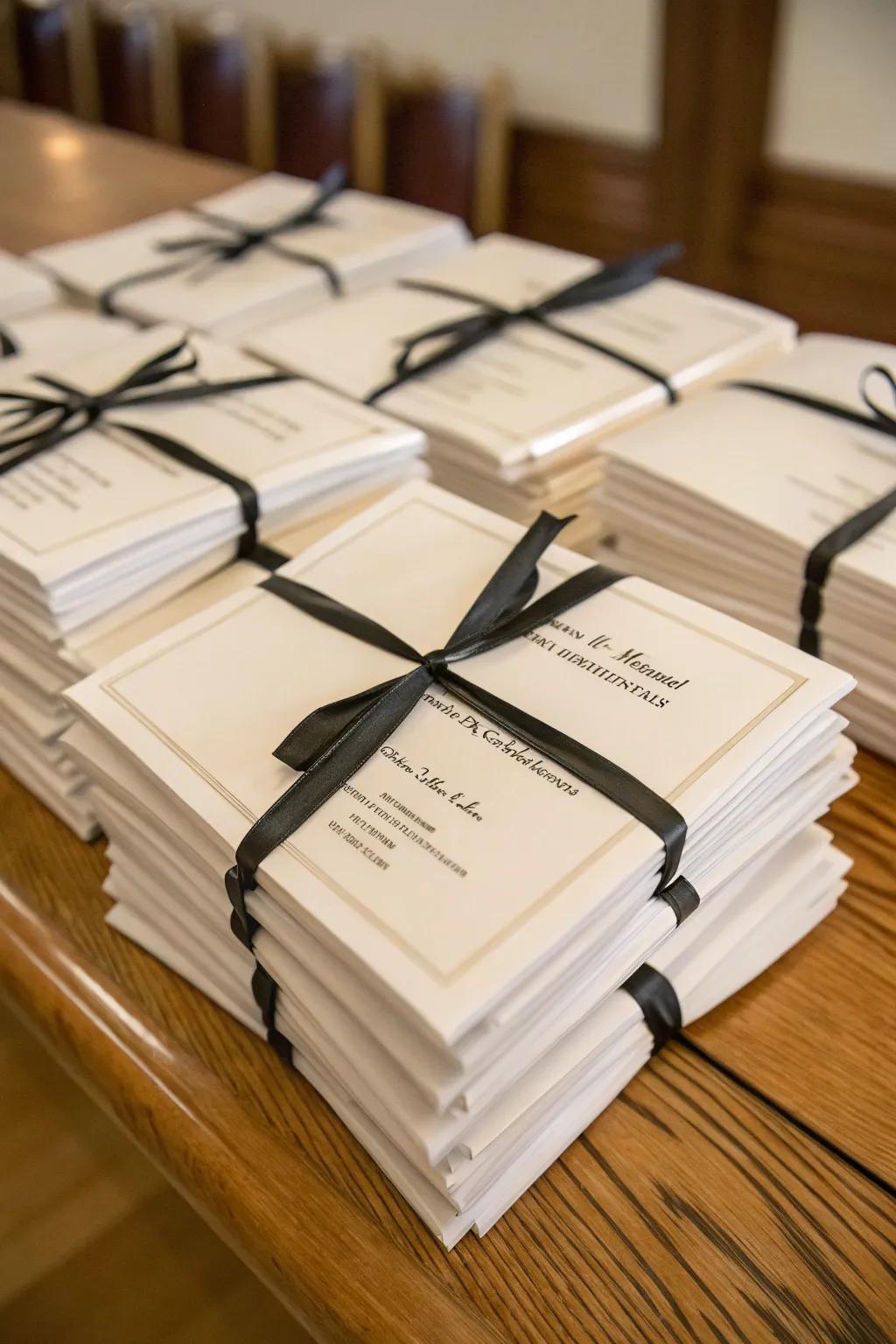 Personalized ceremony programs with black ribbons add a sleek touch.