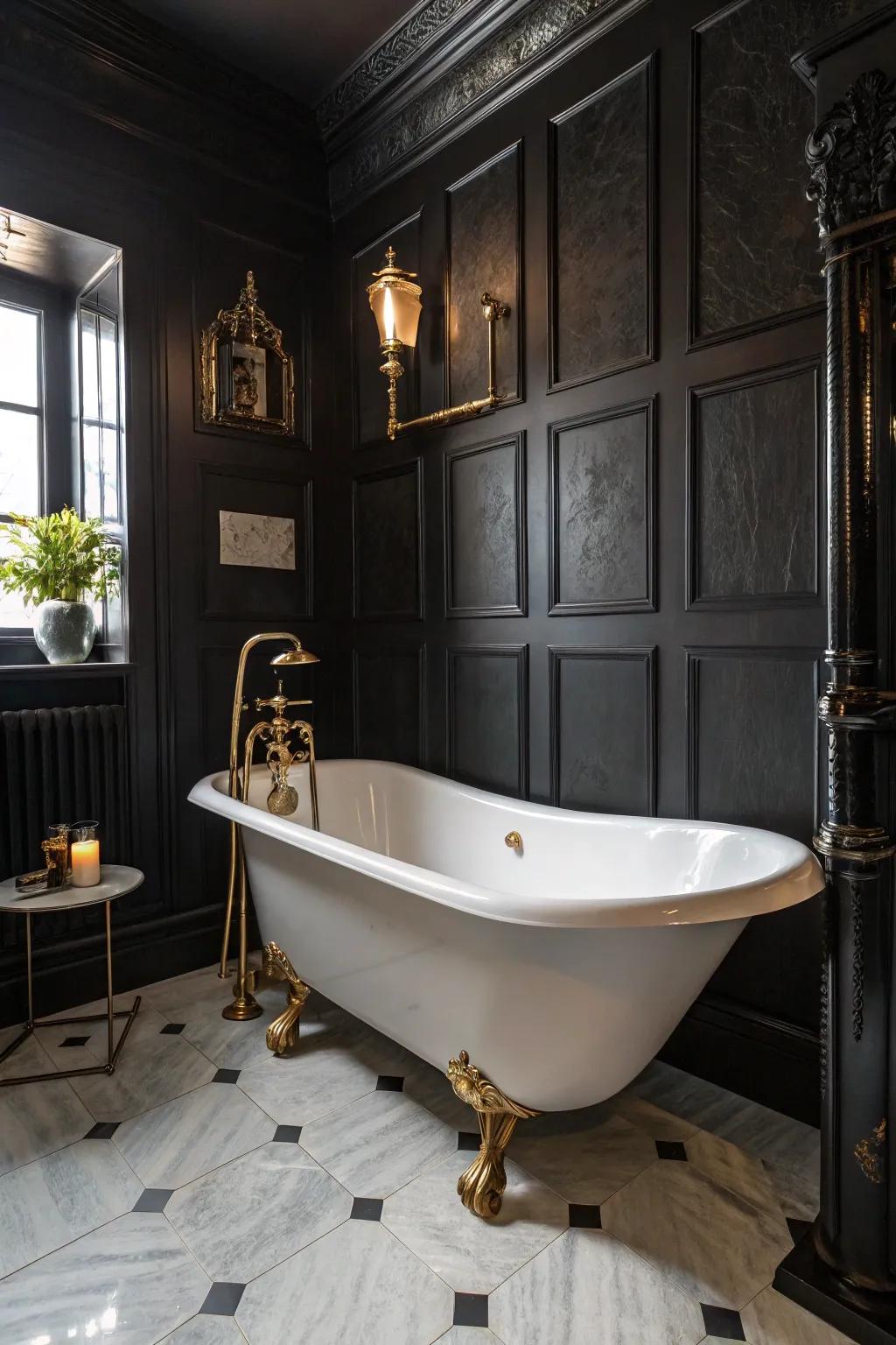 Vintage accents bring a nostalgic charm to black bathrooms.