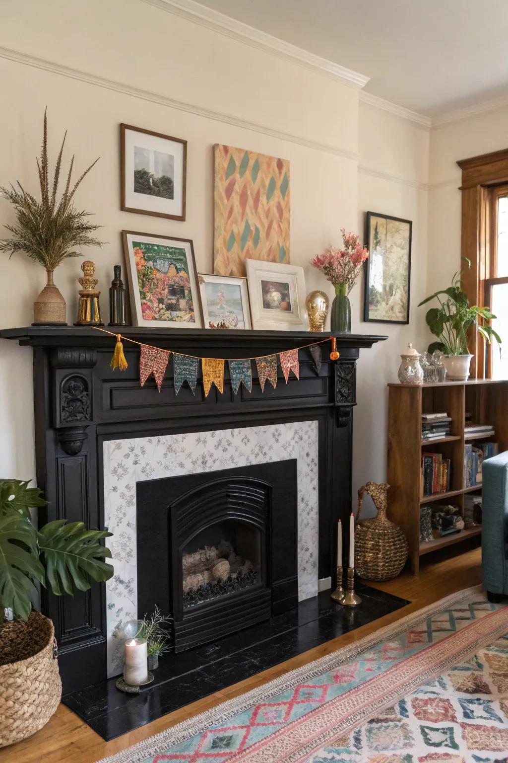 Individualize your hearth through a varied arrangement of decor on a dark mantel.