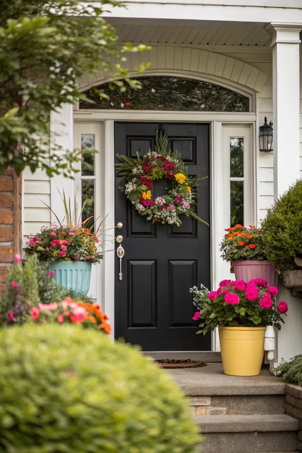 A lively garland and colorful plant pots infuse personality into a black door with white trim.