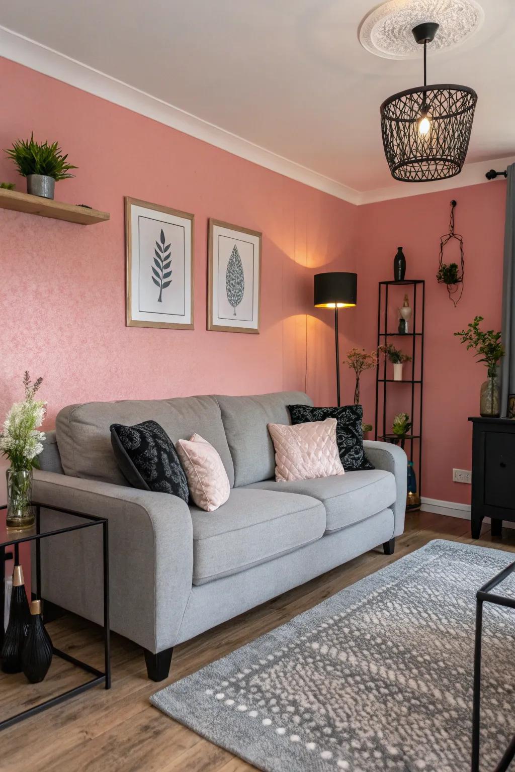 A rose accent wall acts as a vibrant focal point.