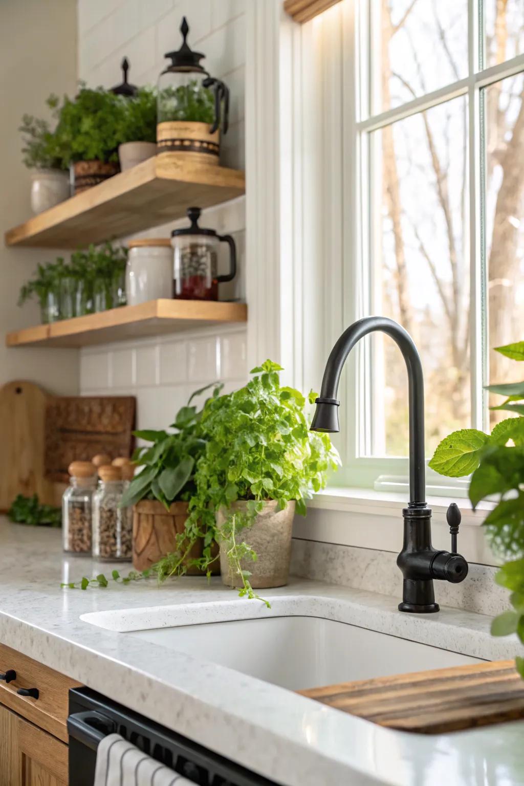 Styling details integrate seamlessly with the black faucet in this welcoming cooking area.