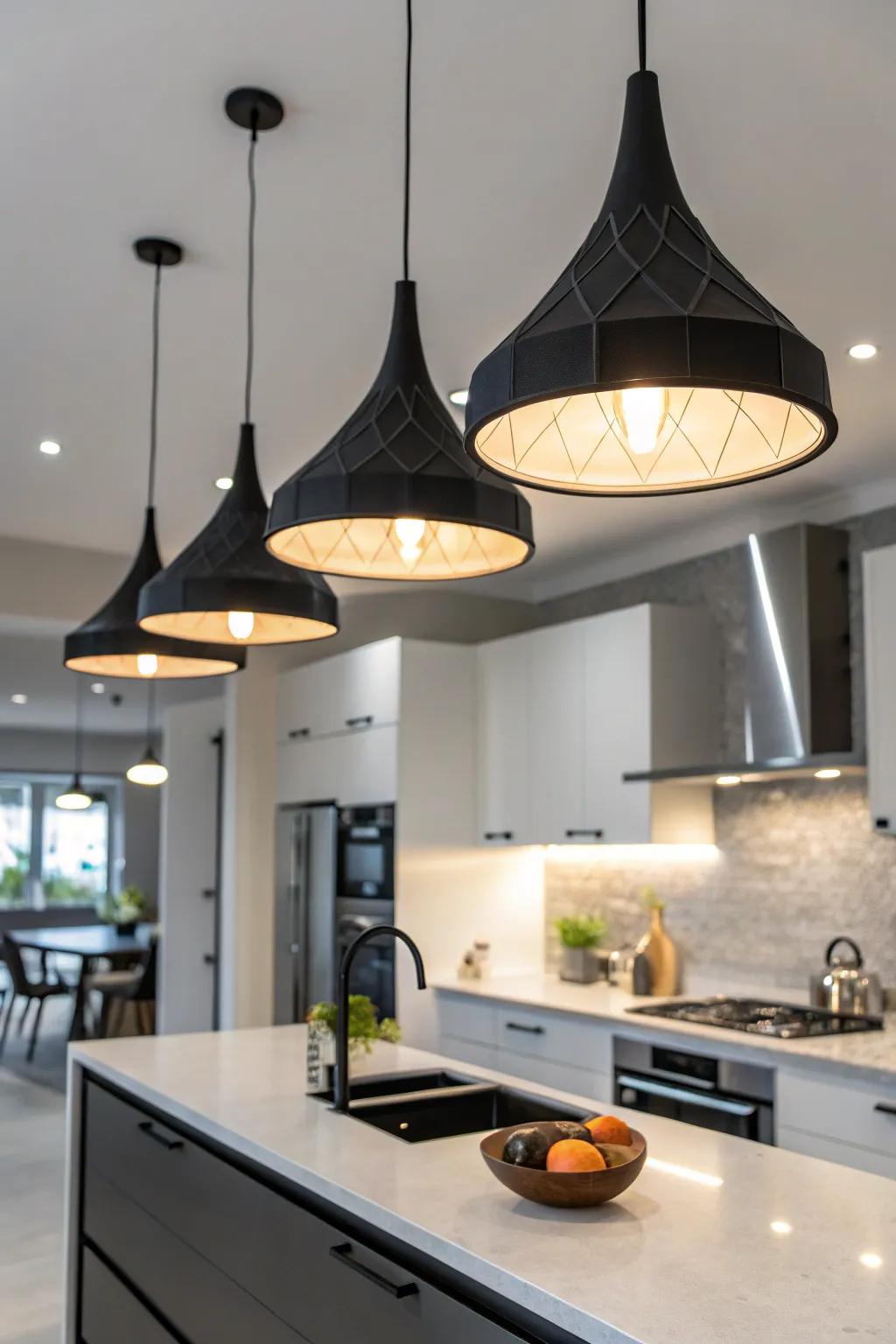 Striking forms in dark elements create an eye-catching focal point.