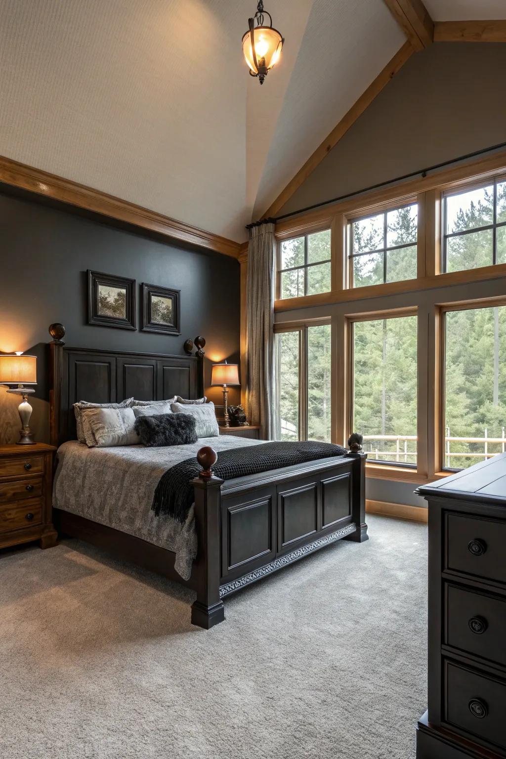 Native wooden aspects contribute warmth to a polished shadowy decor.