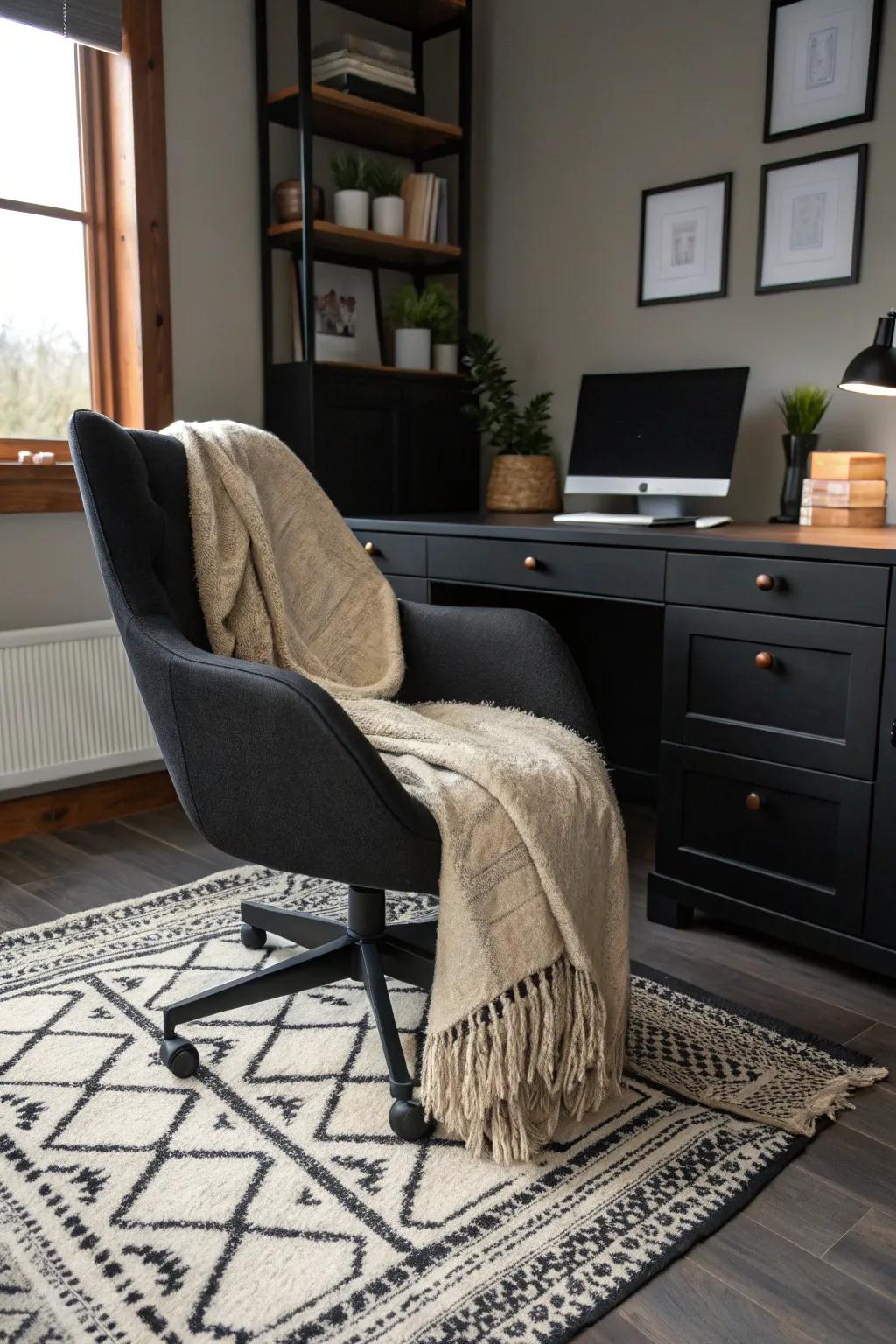 Rugs and soft fabrics make a dark office feel cozy and inviting.